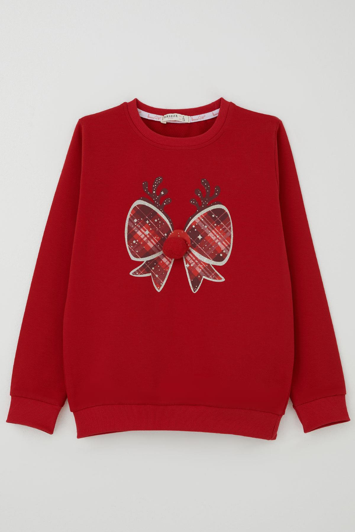 Breeze Kız Çocuk Sweatshirt Ponponlu Yılbaşı Kurdeleli Kırmızı (6-12 Yaş)