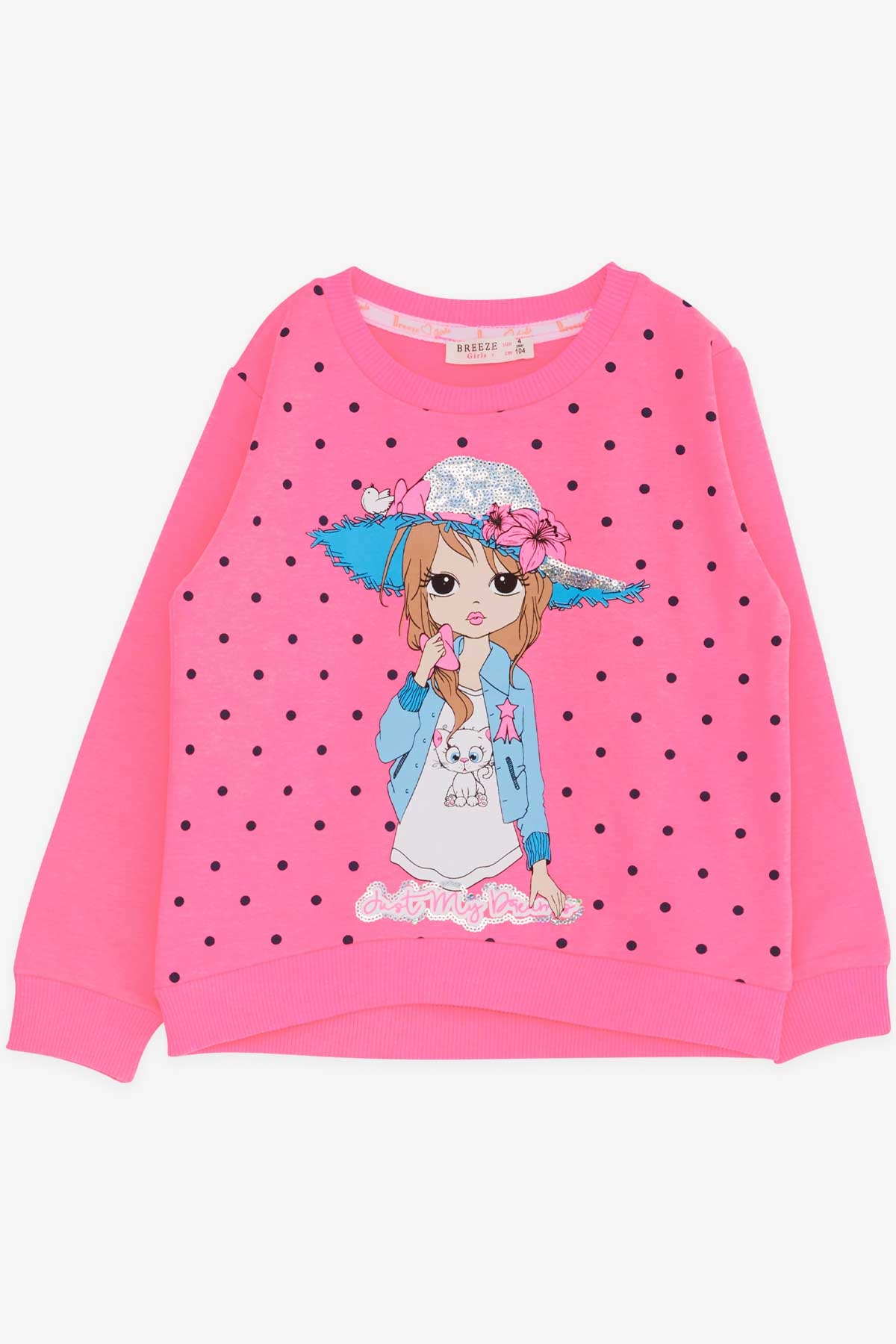 Breeze Kız Çocuk Sweatshirt Puantiyeli Baskılı Neon Pembe (4-8 Yaş)