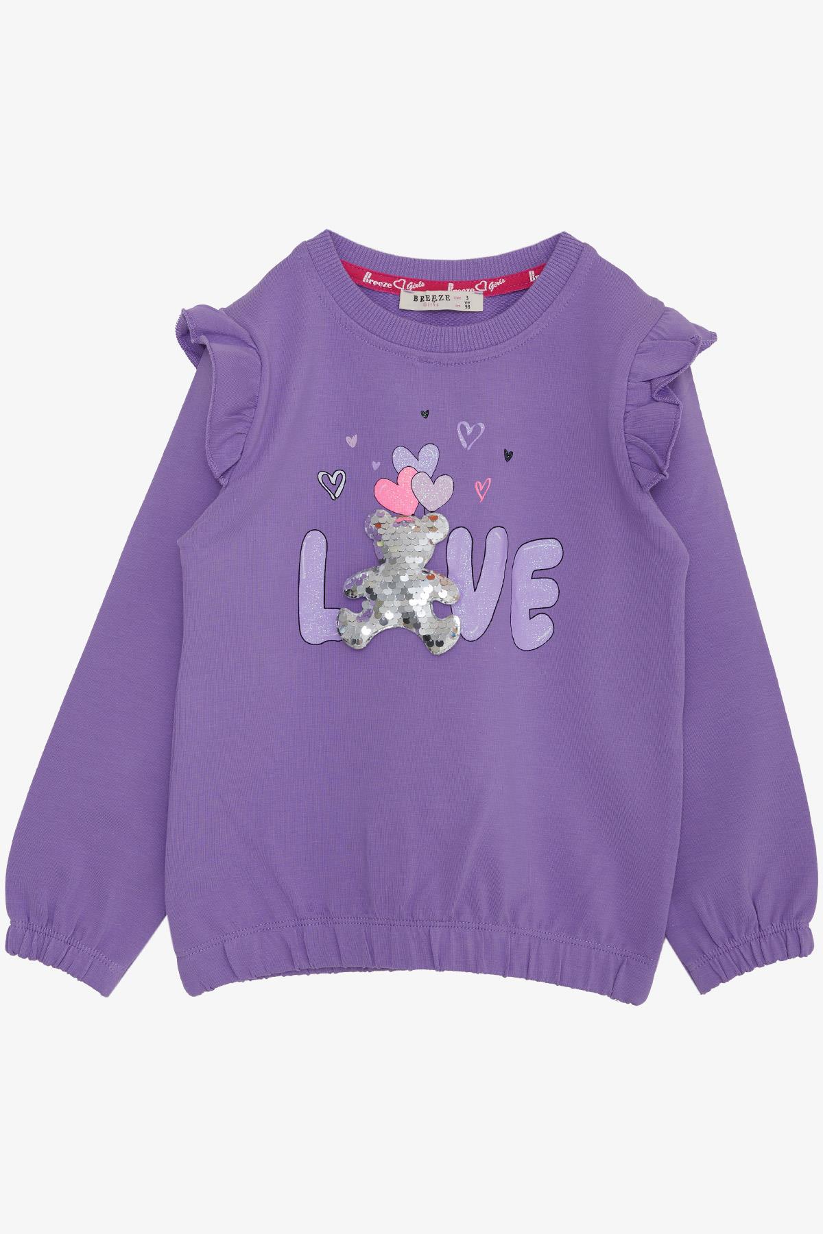 Breeze Kız Çocuk Sweatshirt Pullu Ayıcık Aksesuarlı Simli Yazı Baskılı Eflatun (1.5-5 Yaş)