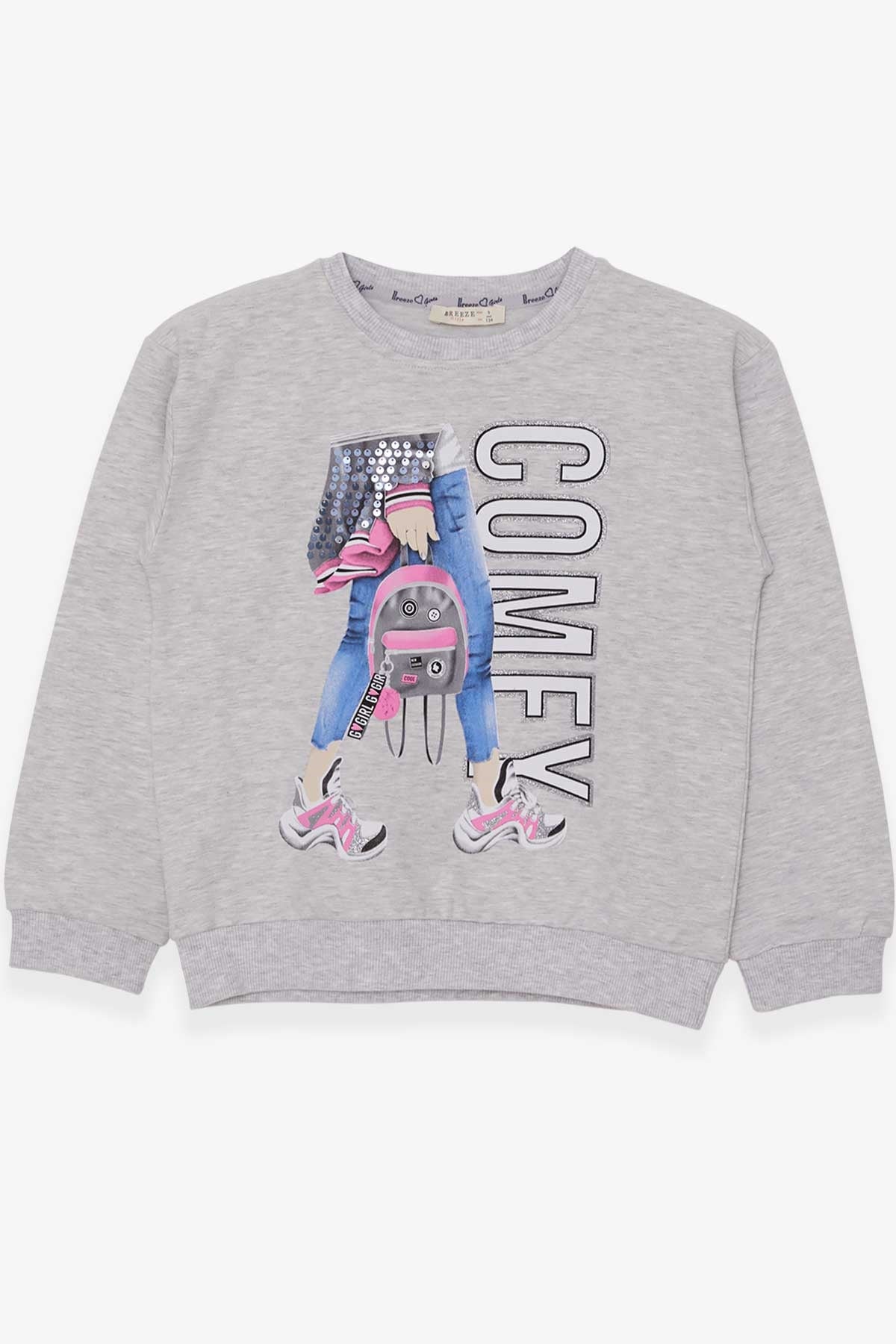 Breeze Kız Çocuk Sweatshirt Pullu Baskılı Açık Gri Melanj (9-14 Yaş)
