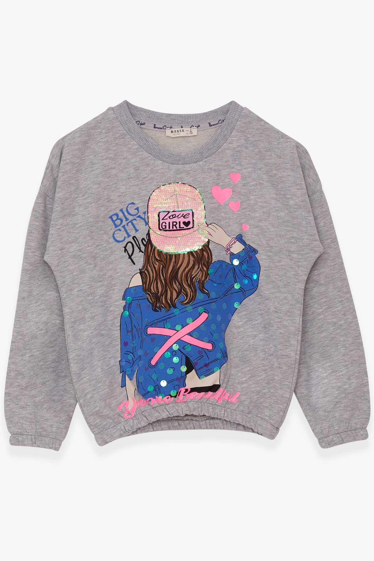 Breeze Kız Çocuk Sweatshirt Pullu Beli Lastikli Kız Baskılı Açık Gri Melanj (9-14 Yaş)