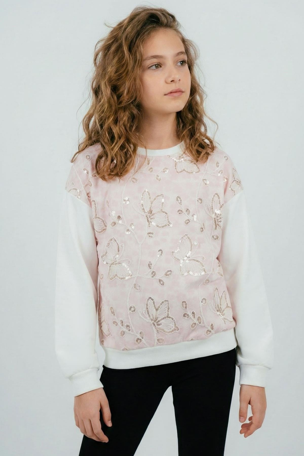 Breeze Kız Çocuk Sweatshirt Pullu Kelebek İşlemeli Tülü Çiçek Detaylı Pembe (8-12 Yaş)