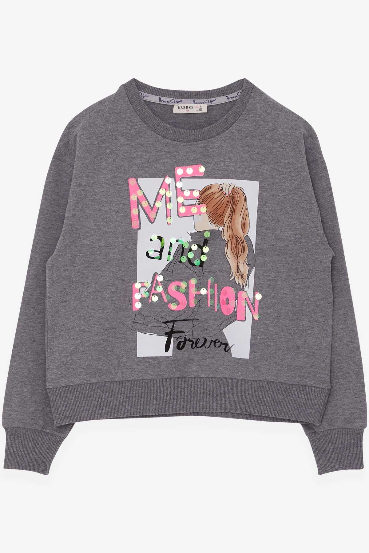 Breeze Kız Çocuk Sweatshirt Pullu Kız Baskılı Koyu Gri Melanj (8-14 Yaş)