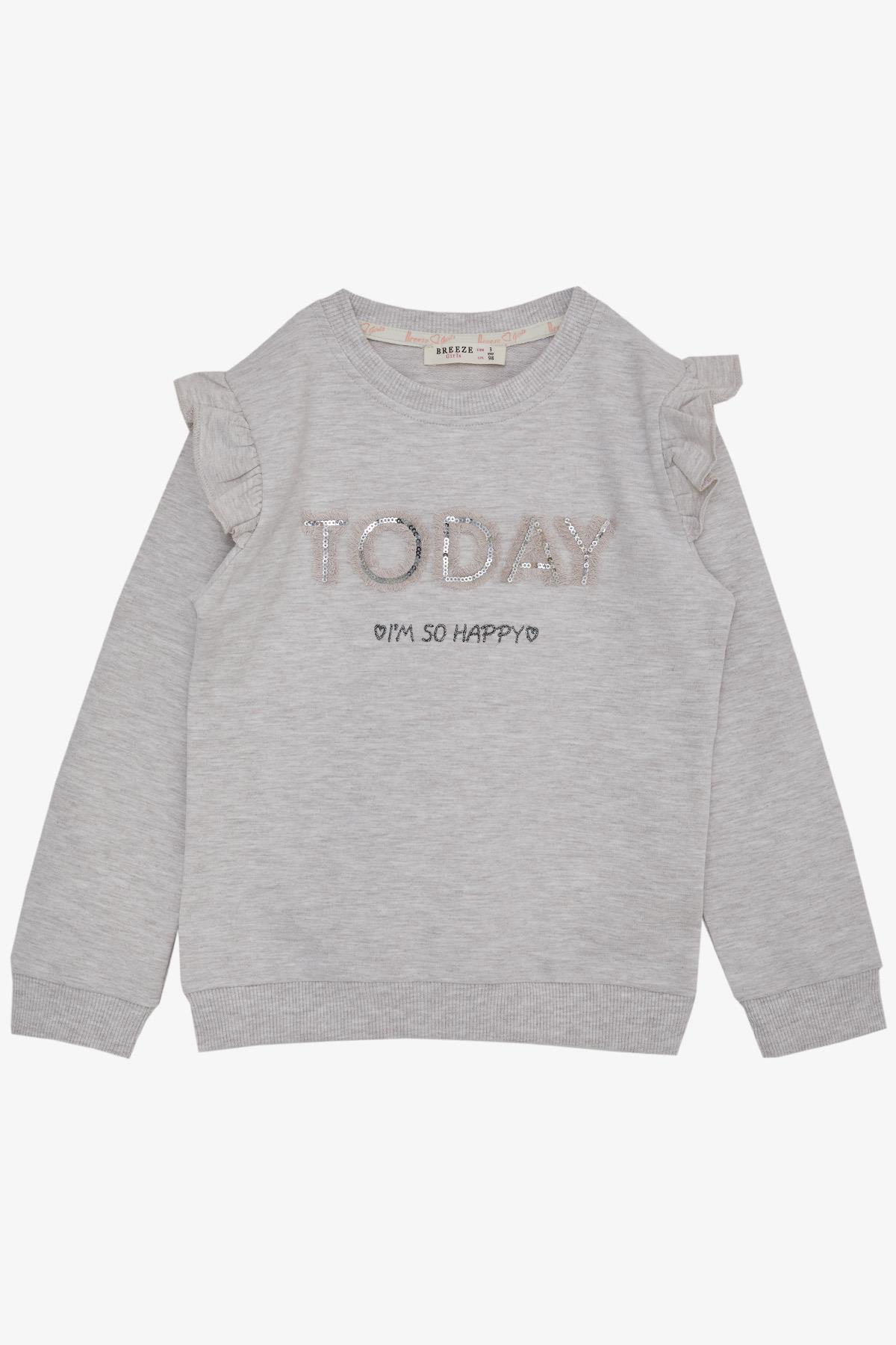 Breeze Kız Çocuk Sweatshirt Pullu Simli Yazı Baskılı Bej Melanj (3-8 Yaş)