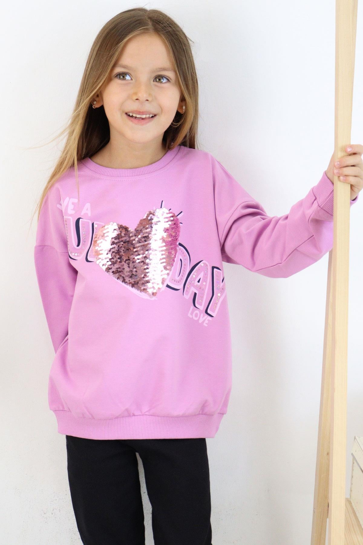 Breeze Kız Çocuk Sweatshirt Pullu Yazı Baskılı Lila (4-6 Yaş)
