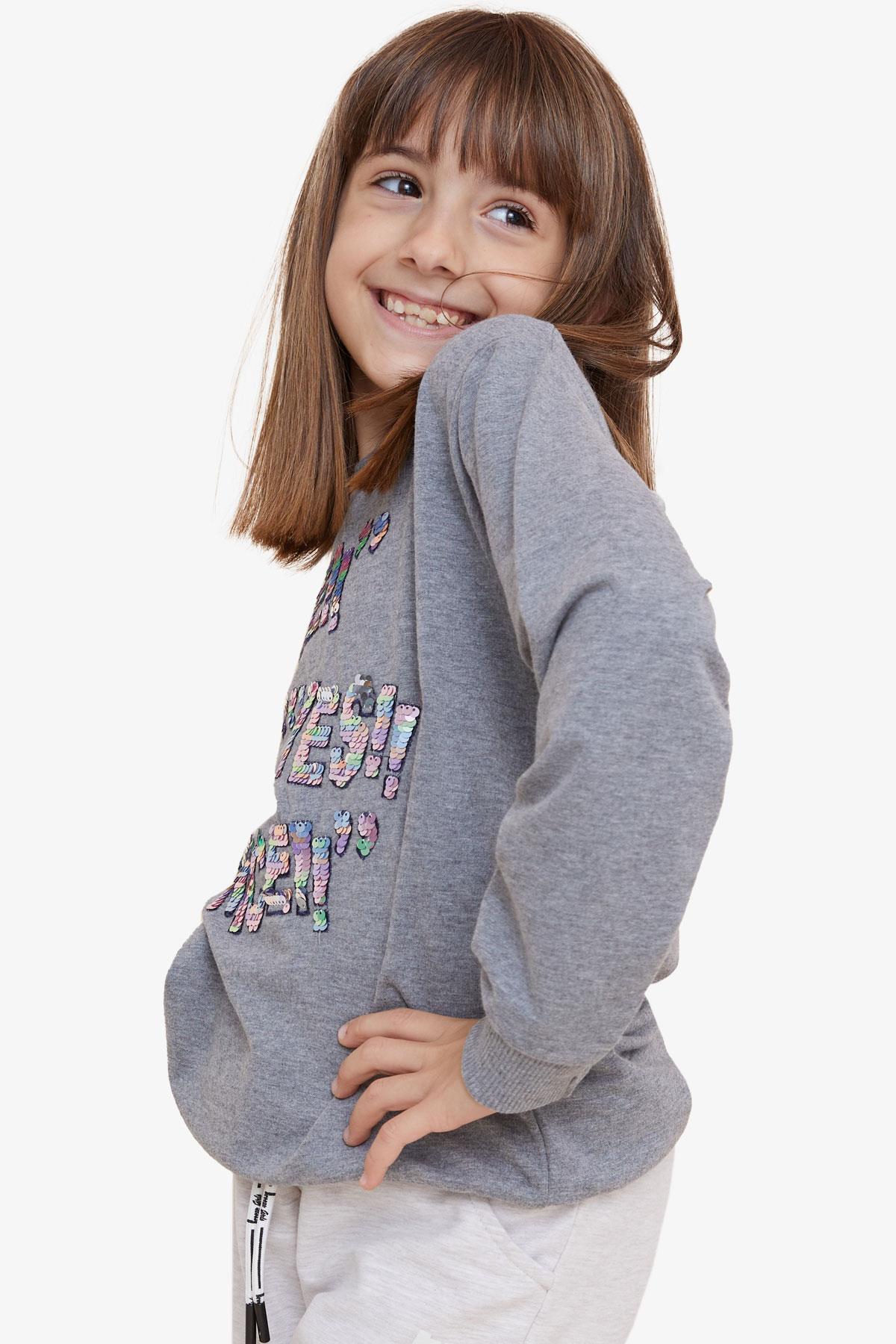 Breeze Kız Çocuk Sweatshirt Pullu Yazı Baskılı Koyu Gri Melanj (8-14 Yaş)