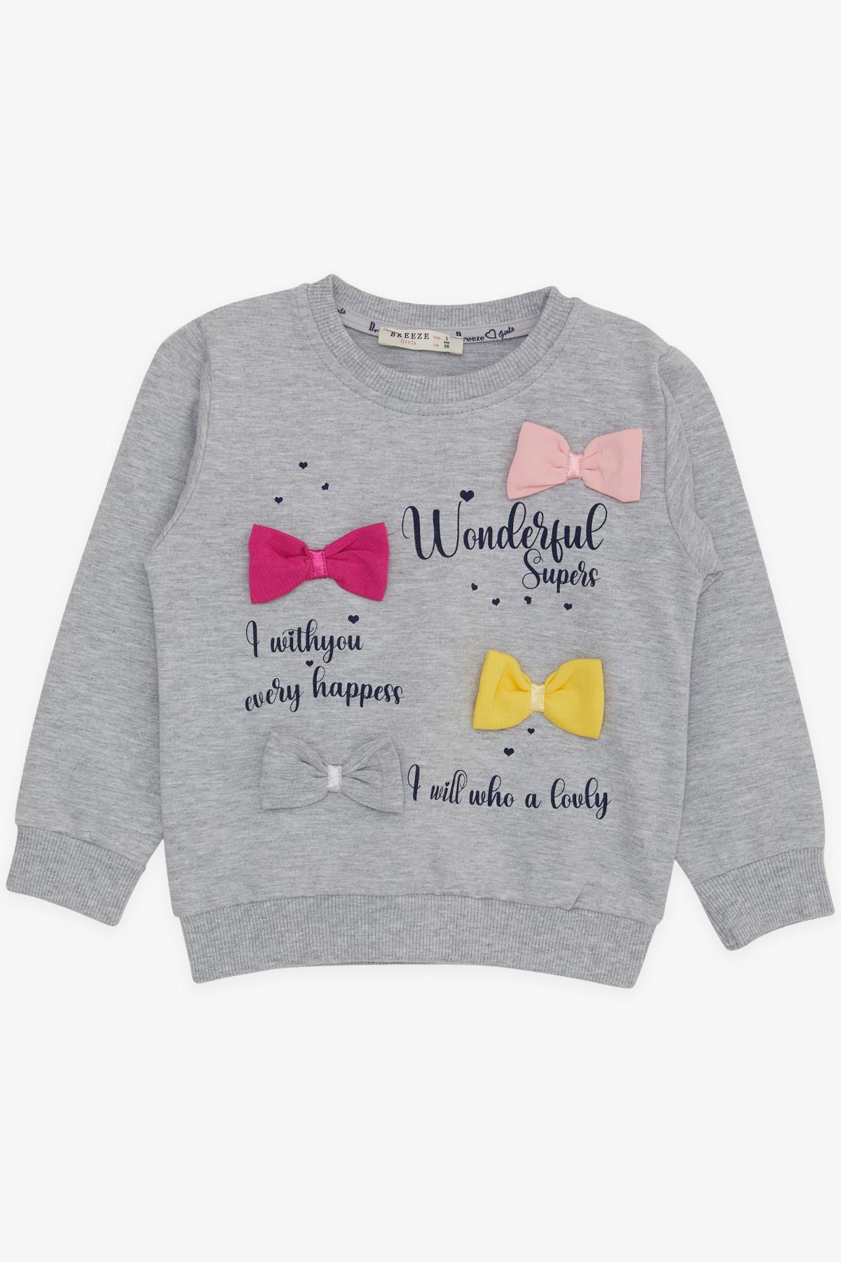 Breeze Kız Çocuk Sweatshirt Renkli Fiyonk Aksesuarlı Yazı Baskılı Gri Melanj (3-8 Yaş)