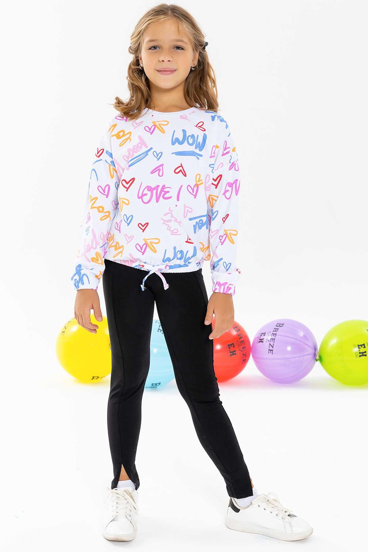 Breeze Kız Çocuk Sweatshirt Renkli Kalp Baskılı Beyaz (8-12 Yaş)