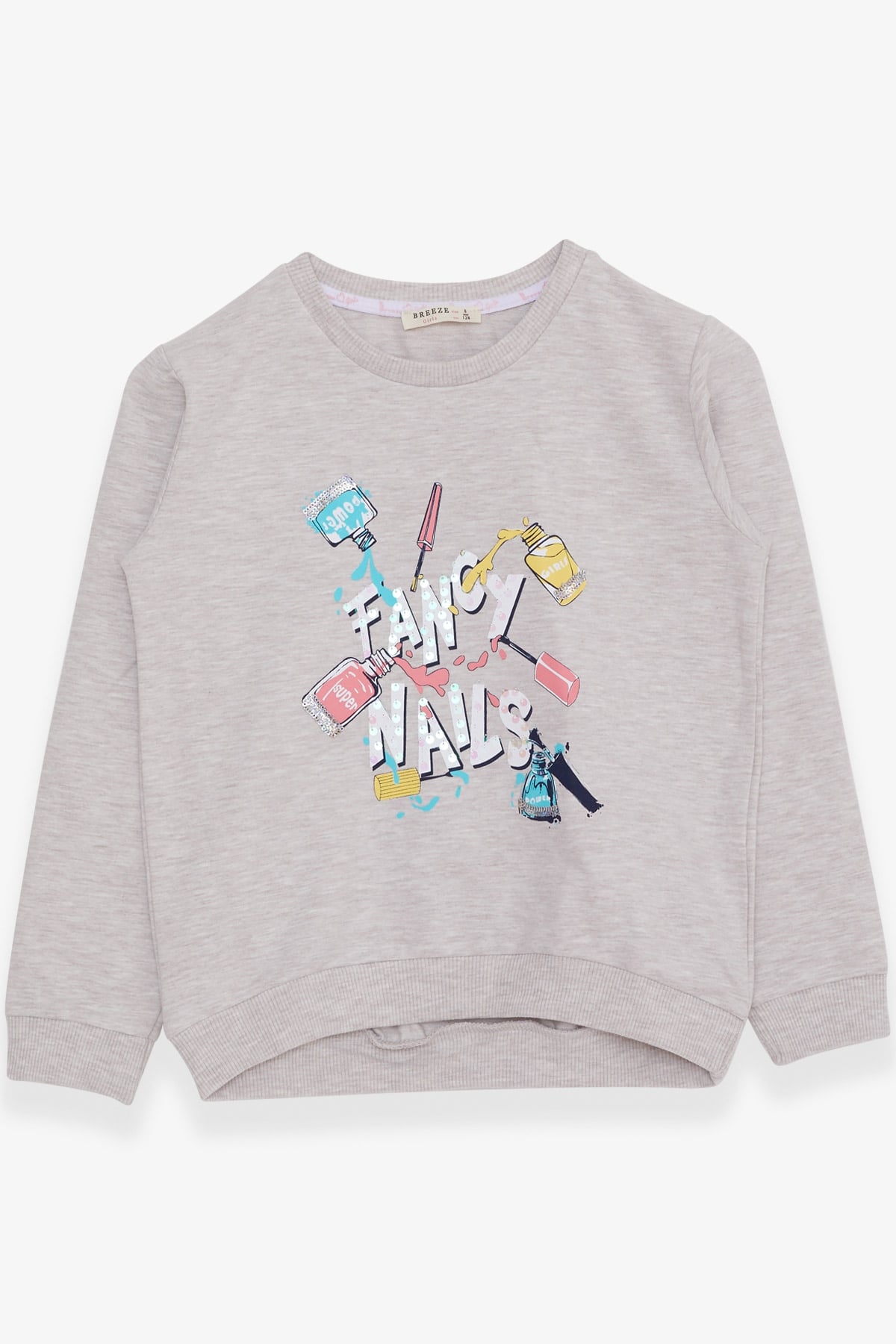 Breeze Kız Çocuk Sweatshirt Renkli Oje Baskılı Bej Melanj (9-10 Yaş)