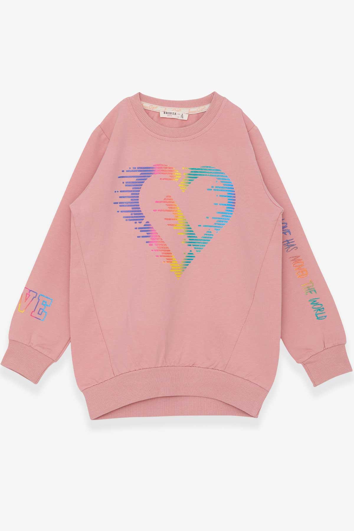 Breeze Kız Çocuk Sweatshirt Renkli Simli Kalp Baskılı Gülkurusu (6-12 Yaş)