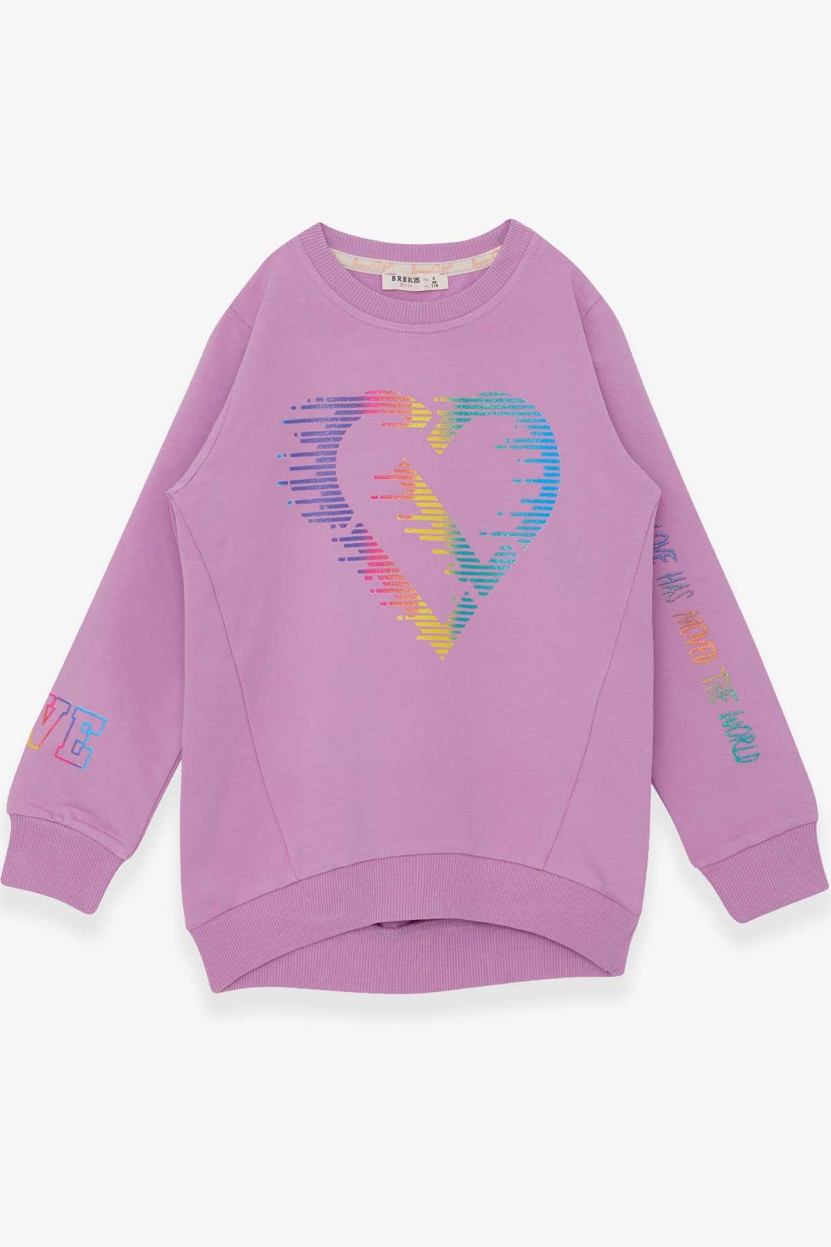 Breeze Kız Çocuk Sweatshirt Renkli Simli Kalp Baskılı Eflatun (6-12 Yaş)