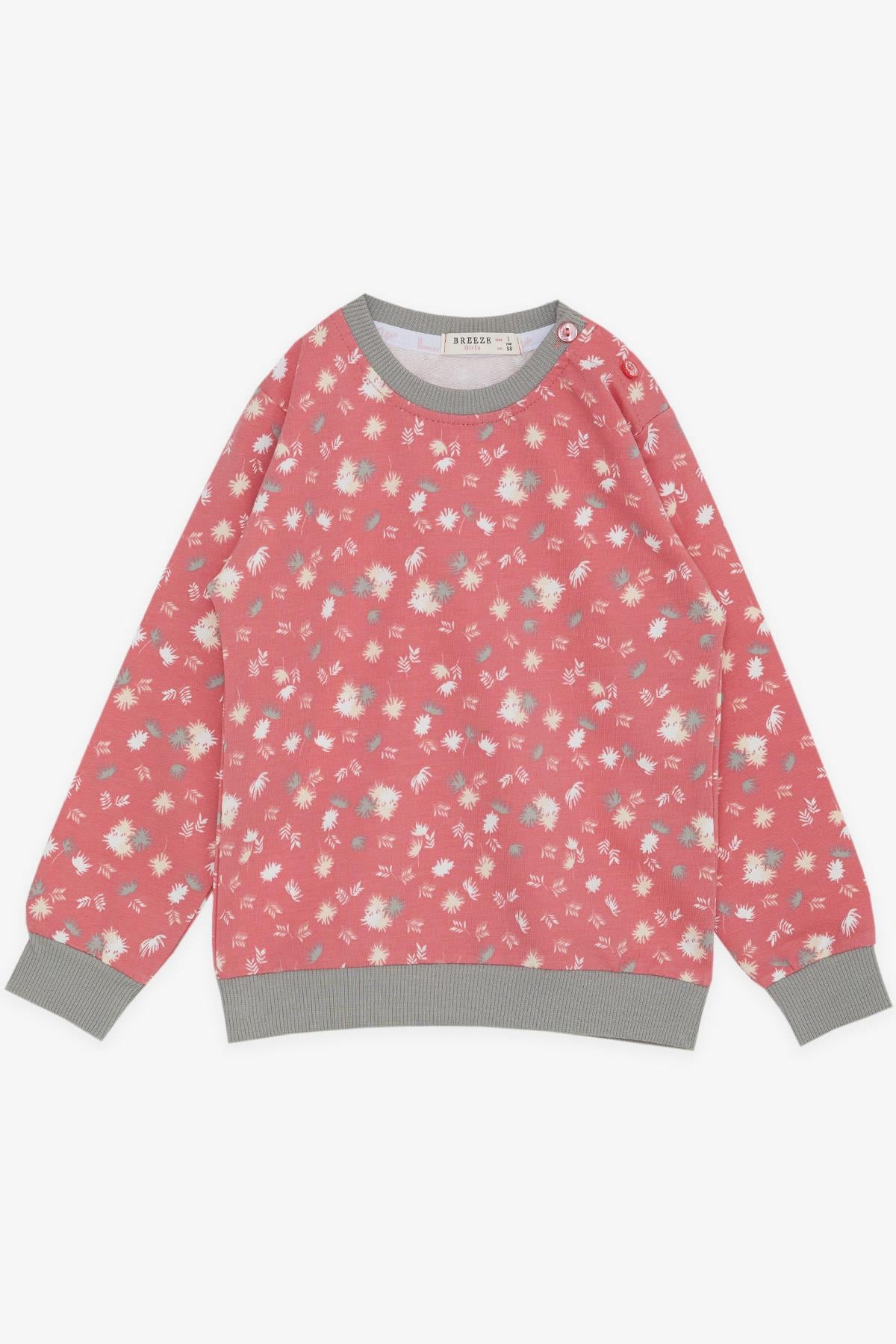 Breeze Kız Çocuk Sweatshirt Renkli Yaprak Desenli Mercan (1.5-5 Yaş)