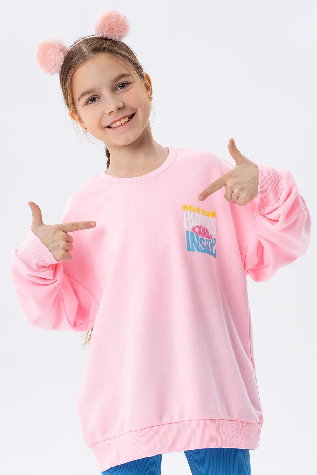Breeze Kız Çocuk Sweatshirt Renkli Yazı Baskılı Pudra (8-14 Yaş)