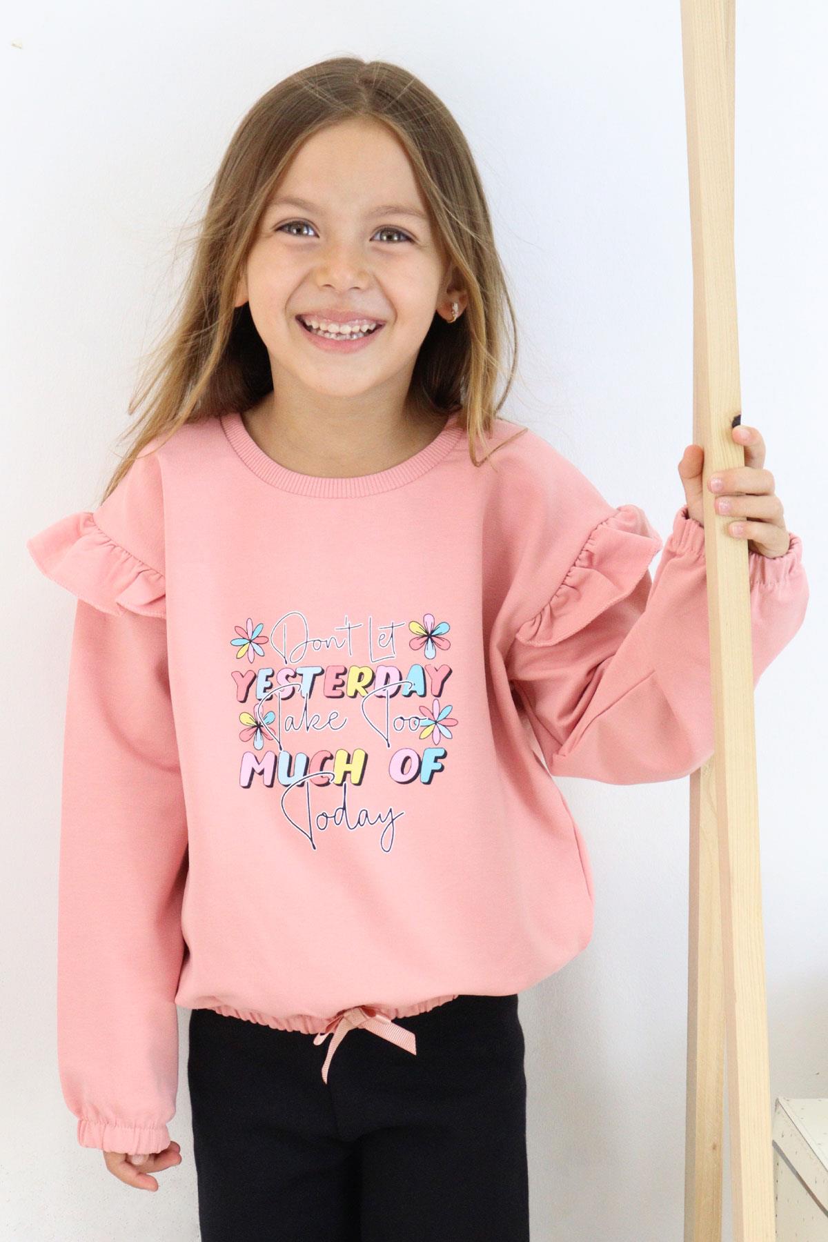 Breeze Kız Çocuk Sweatshirt Renkli Yazı Baskılı Beli Lastikli Gülkurusu (3-7 Yaş)