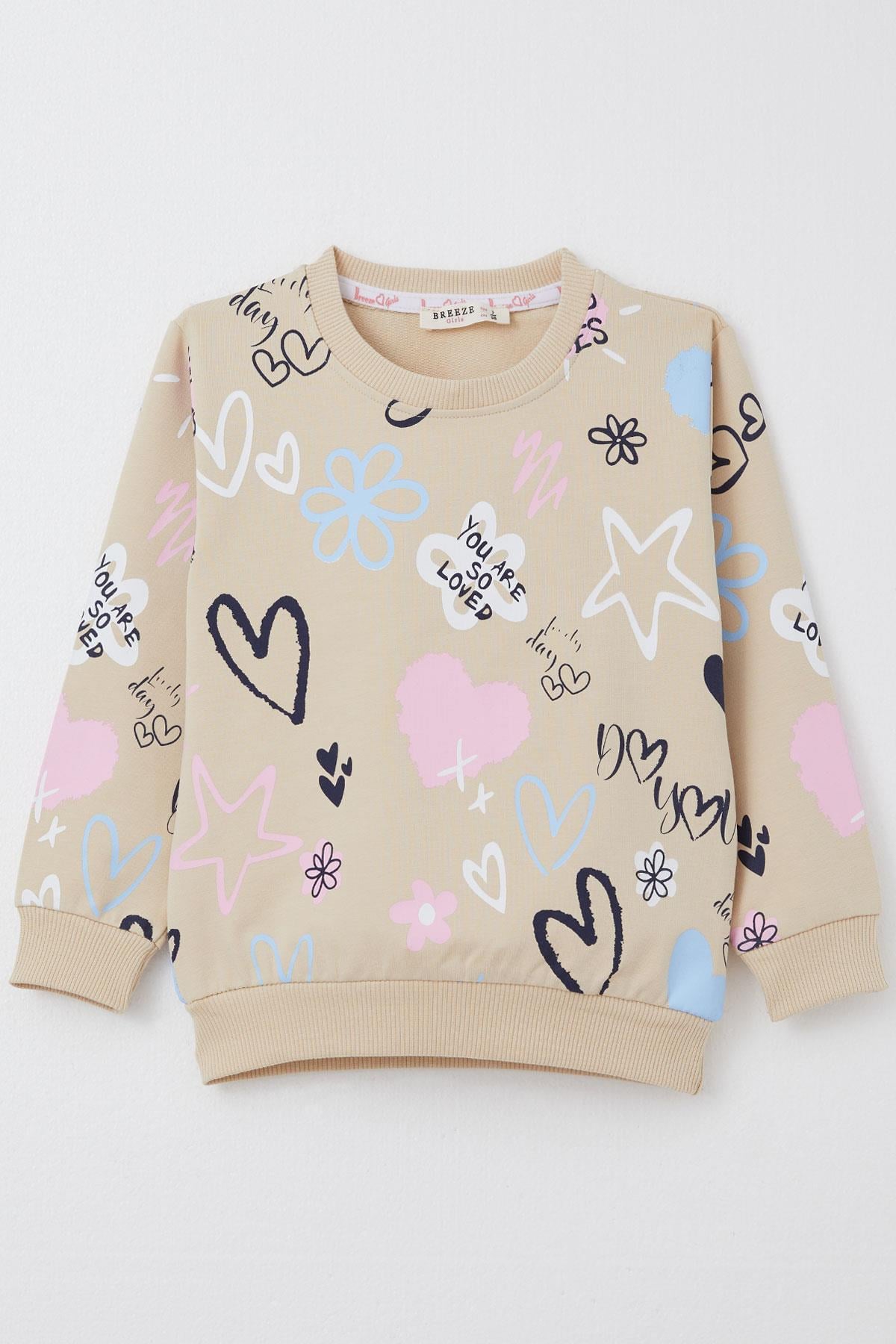 Breeze Kız Çocuk Sweatshirt Sevgi Temalı Desenli Bej (3-8 Yaş)