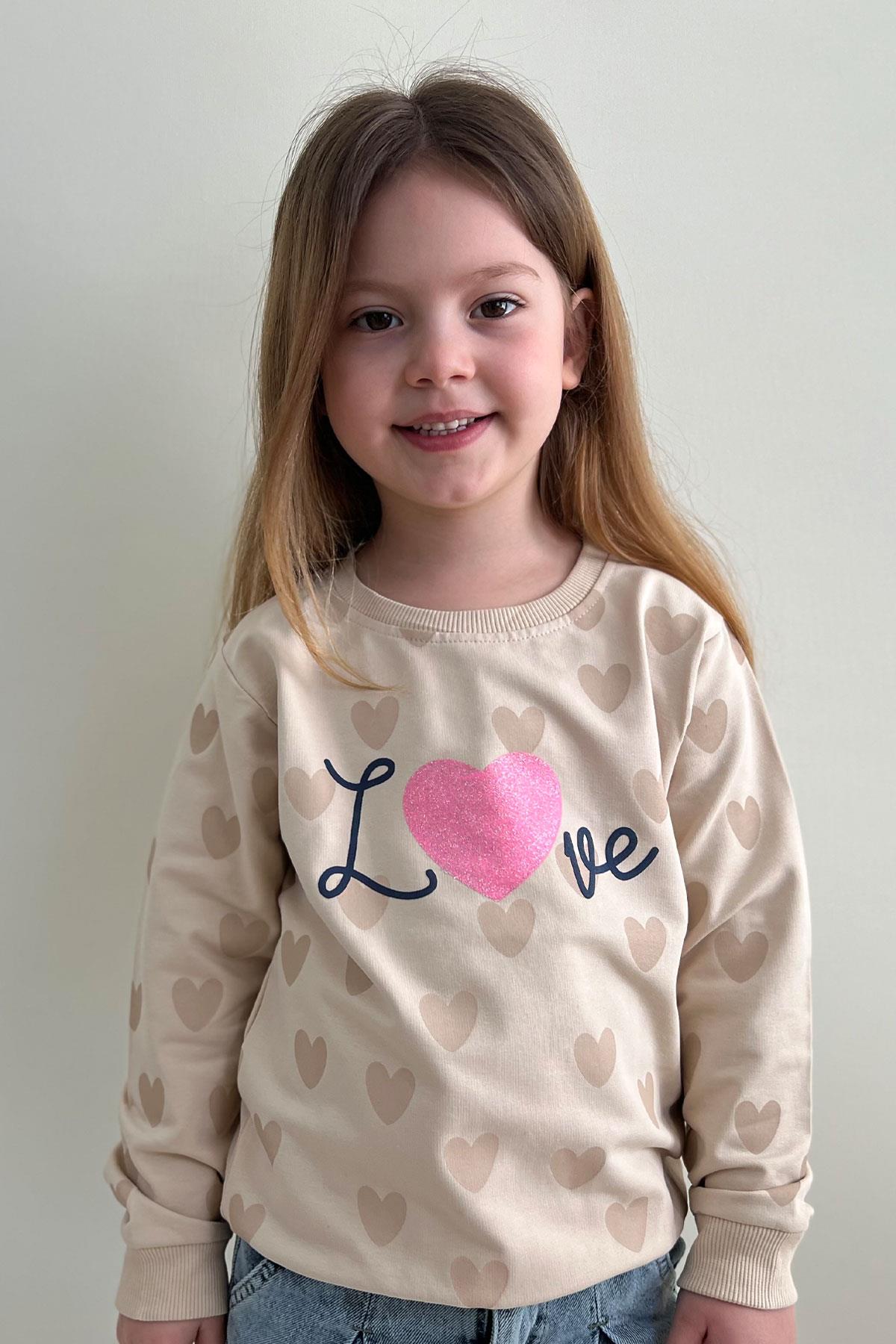 Breeze Kız Çocuk Sweatshirt Sevgi Temalı Kalp Desenli Bej (3-5 Yaş)