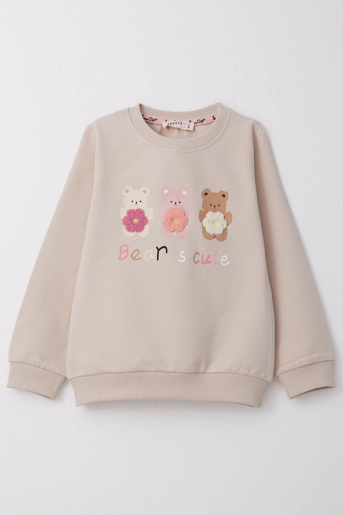 Breeze Kız Çocuk Sweatshirt Sevimli Ayıcıklar Baskılı Bej (1.5-5 Yaş)