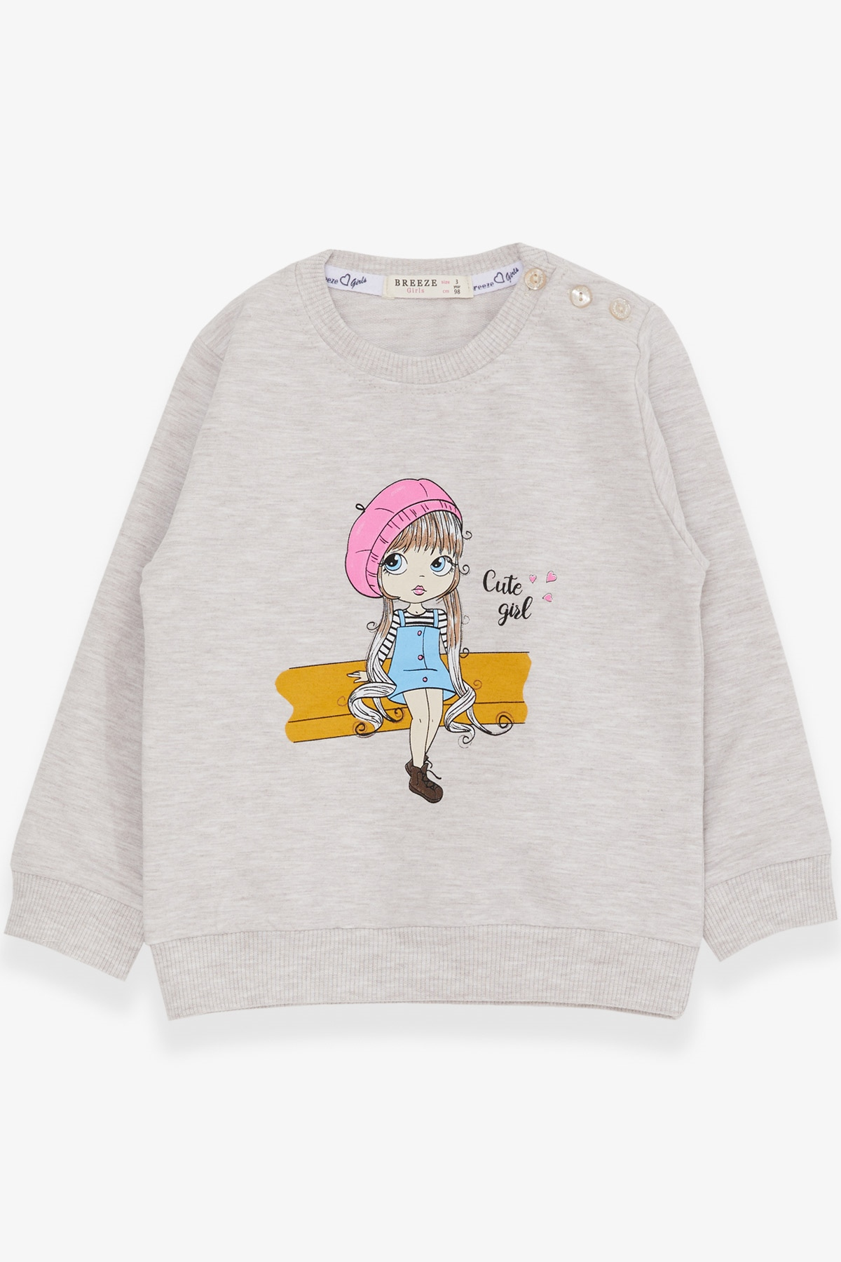 Breeze Kız Çocuk Sweatshirt Sevimli Kız Baskılı Bej Melanj (1.5-5 Yaş)