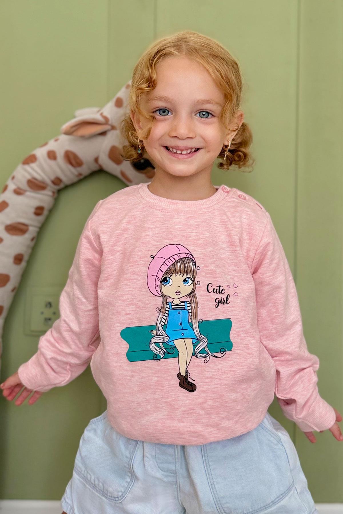 Breeze Kız Çocuk Sweatshirt Sevimli Kız Baskılı Somon Melanj (1.5-5 Yaş)