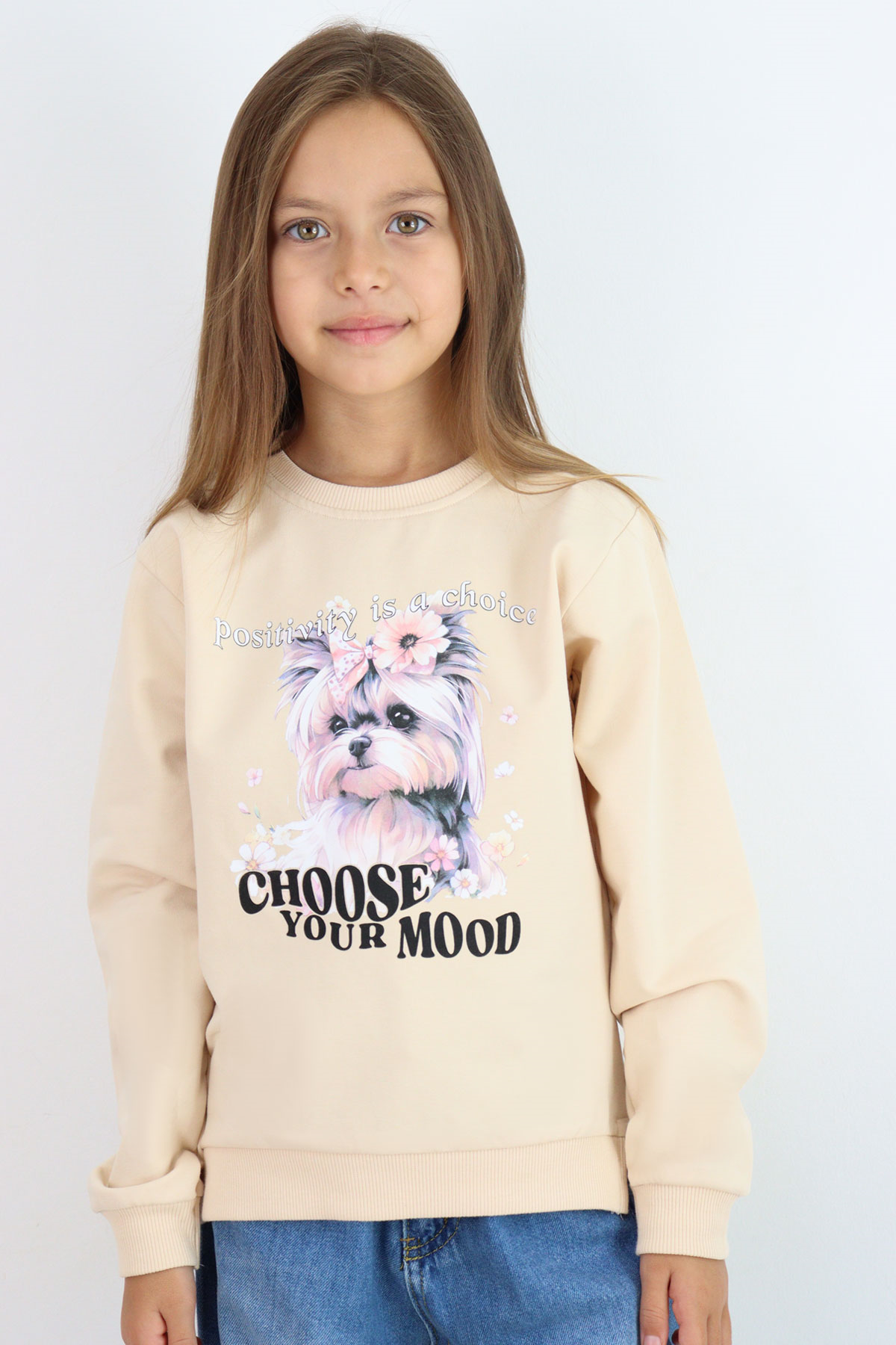 Breeze Kız Çocuk Sweatshirt Sevimli Köpekçik Baskılı Fiyonklu Yazı Baskılı Bej (3-8 Yaş)
