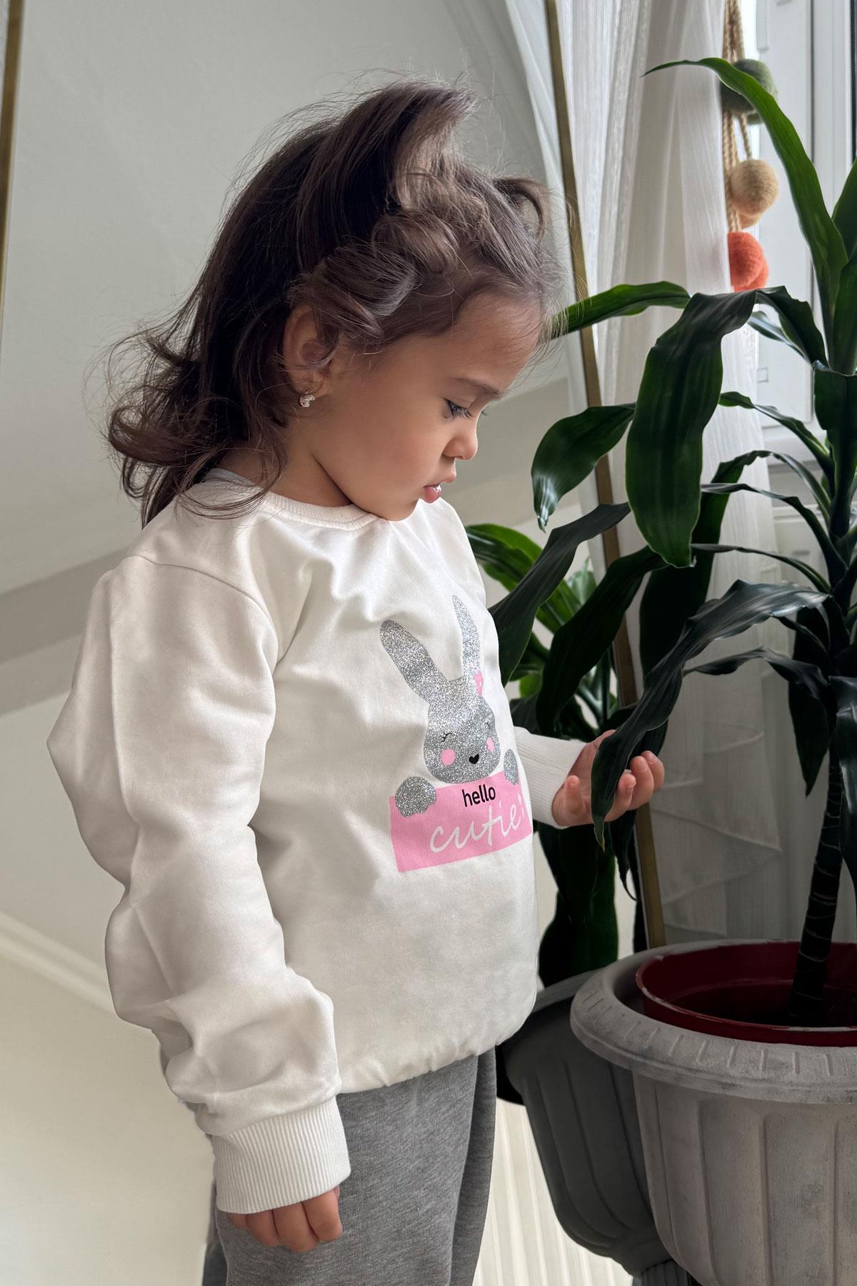 Breeze Kız Çocuk Sweatshirt Sevimli Simli Tavşancık Baskılı Ekru (1.5-5 Yaş)