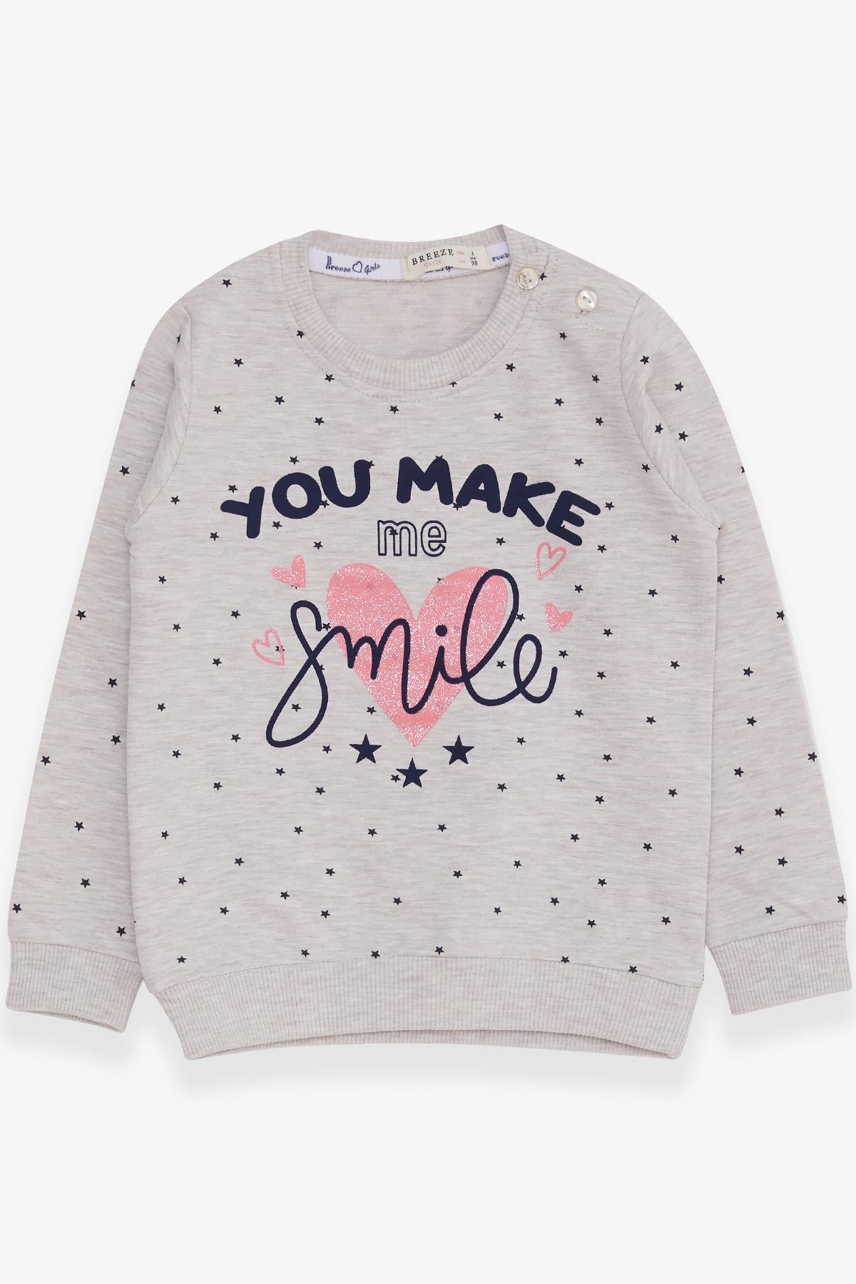Breeze Kız Çocuk Sweatshirt Simli Kalp Baskılı Bej Melanj (2-6 Yaş)