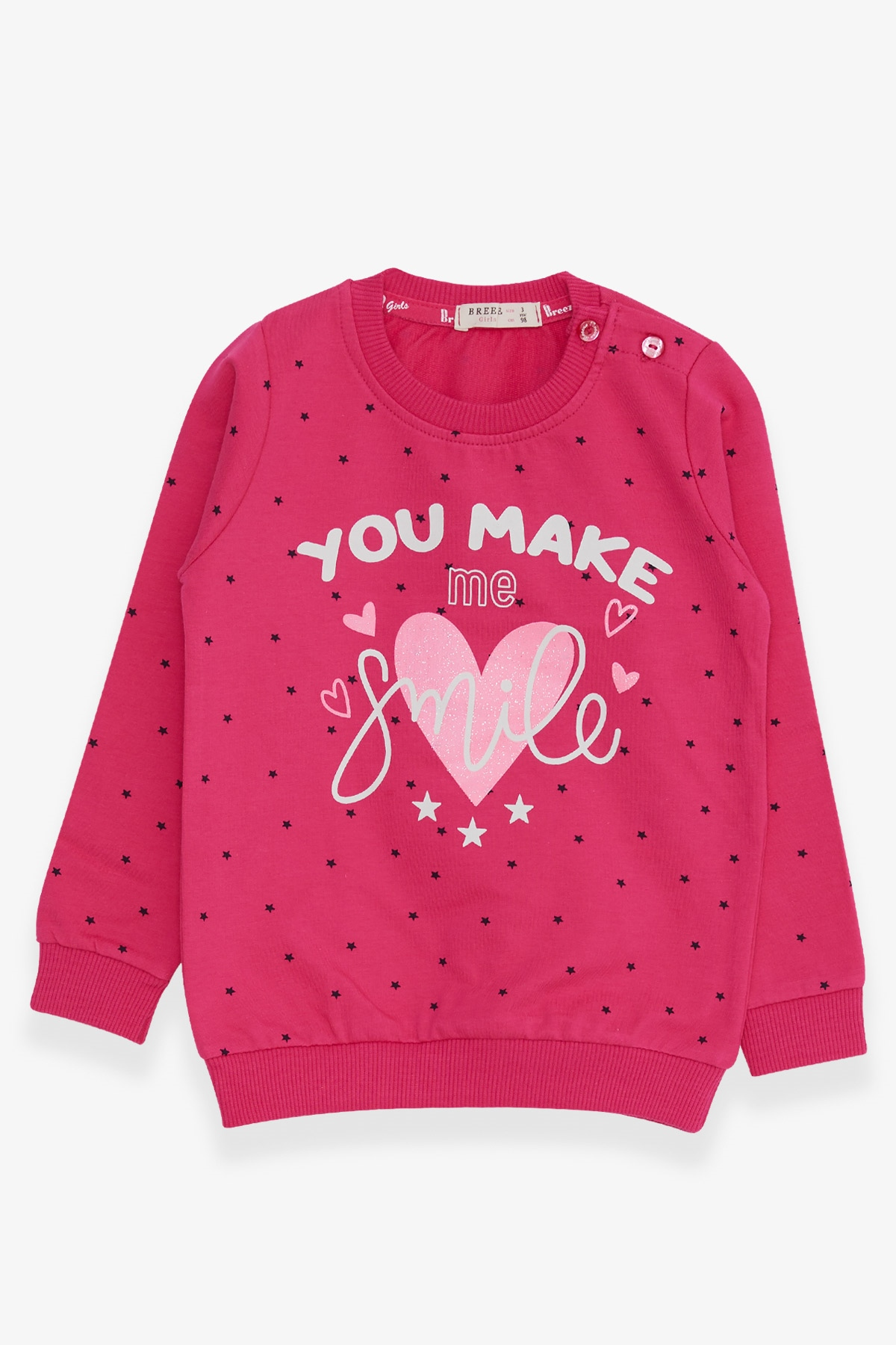 Breeze Kız Çocuk Sweatshirt Simli Kalp Baskılı Fuşya (2-6 Yaş)