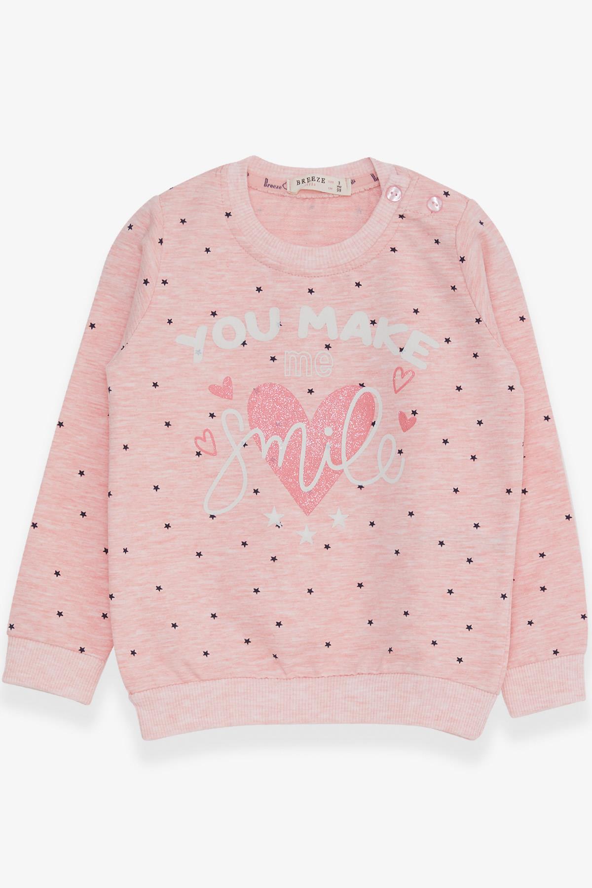 Breeze Kız Çocuk Sweatshirt Simli Kalp Baskılı Somon Melanj (2-6 Yaş)