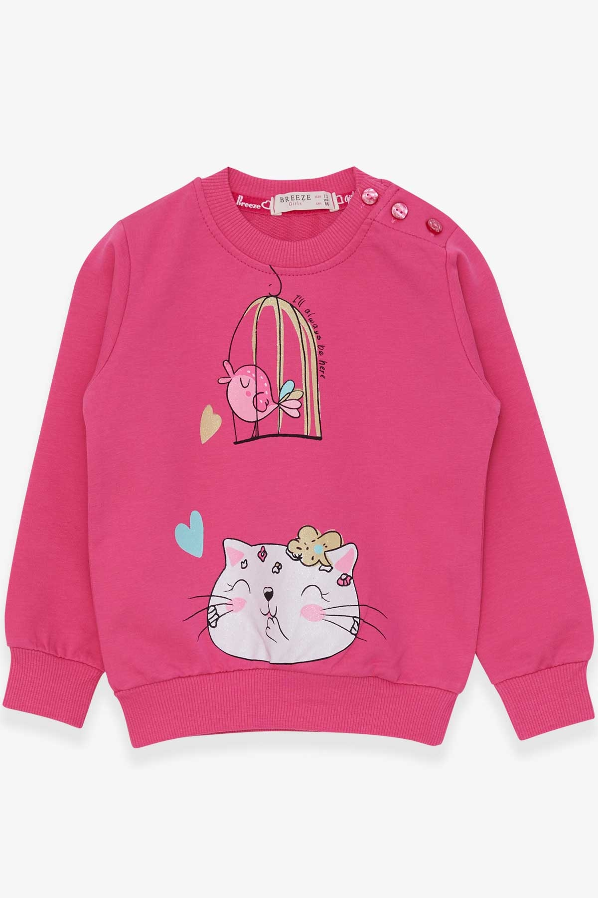 Breeze Kız Çocuk Sweatshirt Simli Kedicik Baskılı Pembe (1.5-5 Yaş)