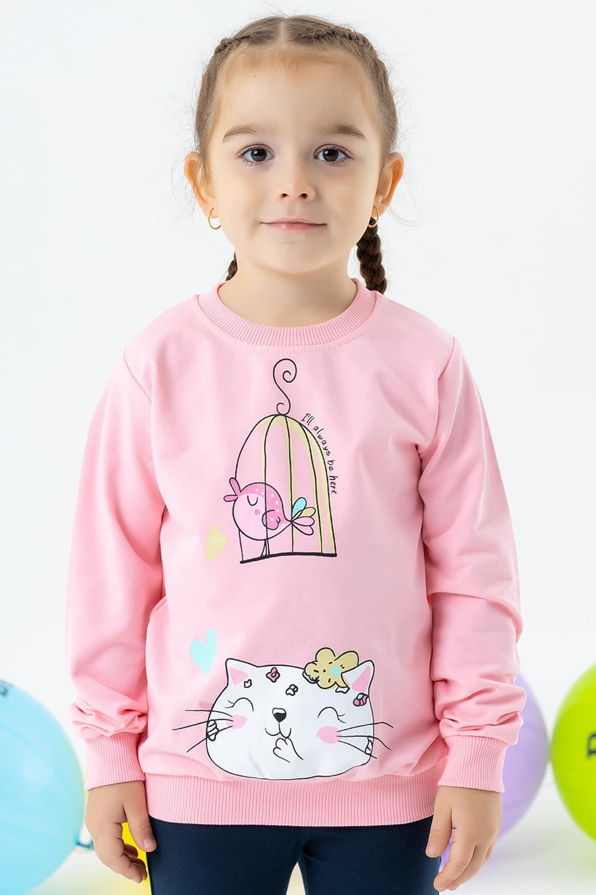 Breeze Kız Çocuk Sweatshirt Simli Kedicik Baskılı Pudra (1.5-4 Yaş)