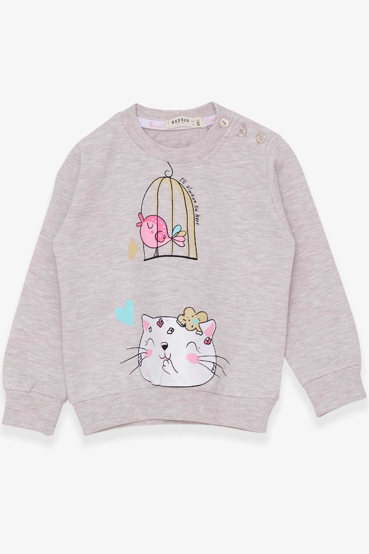 Breeze Kız Çocuk Sweatshirt Simli Kedicik Baskılı Bej Melanj (1.5-5 Yaş)