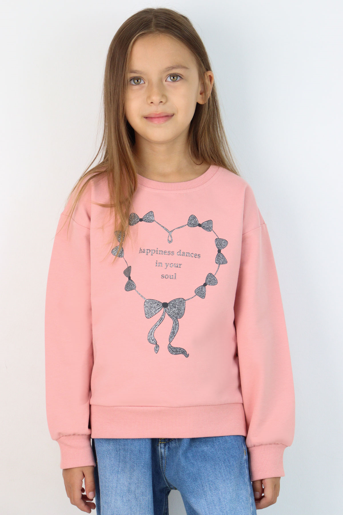 Breeze Kız Çocuk Sweatshirt Simli Kurdeleli Kalp Baskılı Gülkurusu (9-14 Yaş)