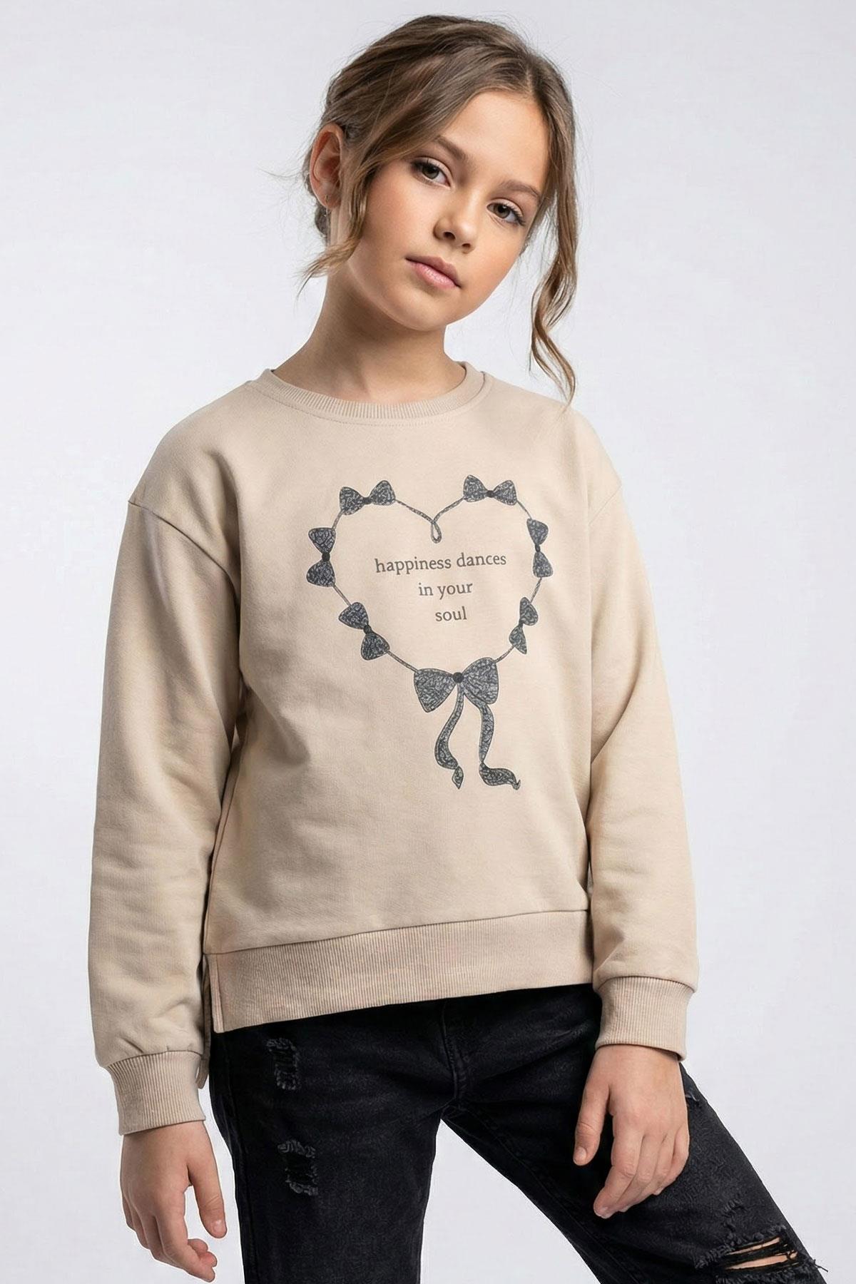 Breeze Kız Çocuk Sweatshirt Simli Kurdeleli Kalp Baskılı Bej (9-14 Yaş)