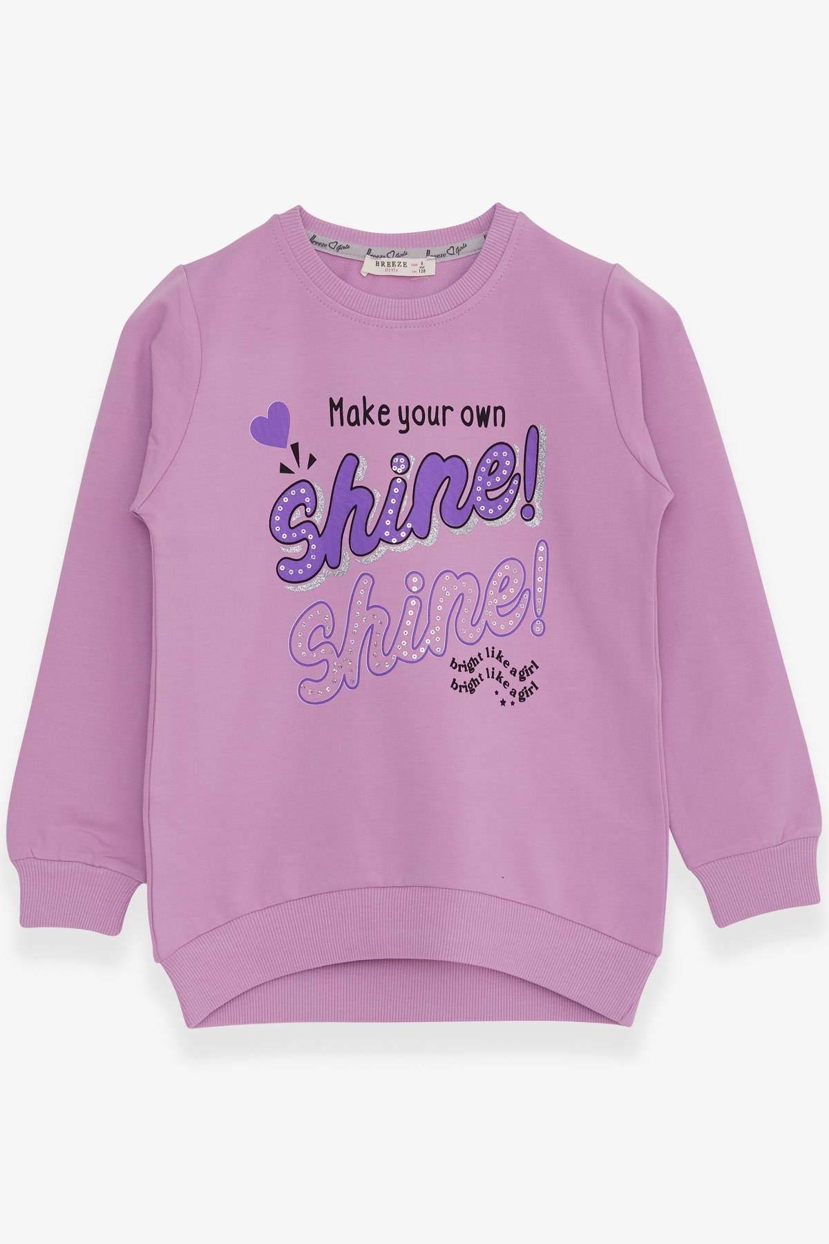 Breeze Kız Çocuk Sweatshirt Simli Pullu Yazı Baskılı Eflatun (8-12 Yaş)