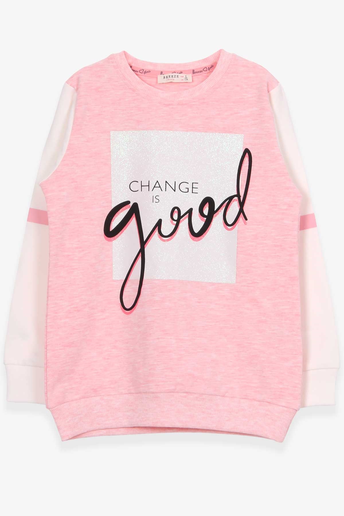 Breeze Kız Çocuk Sweatshirt Simli Yazı Baskılı Somon Melanj (8-14 Yaş)