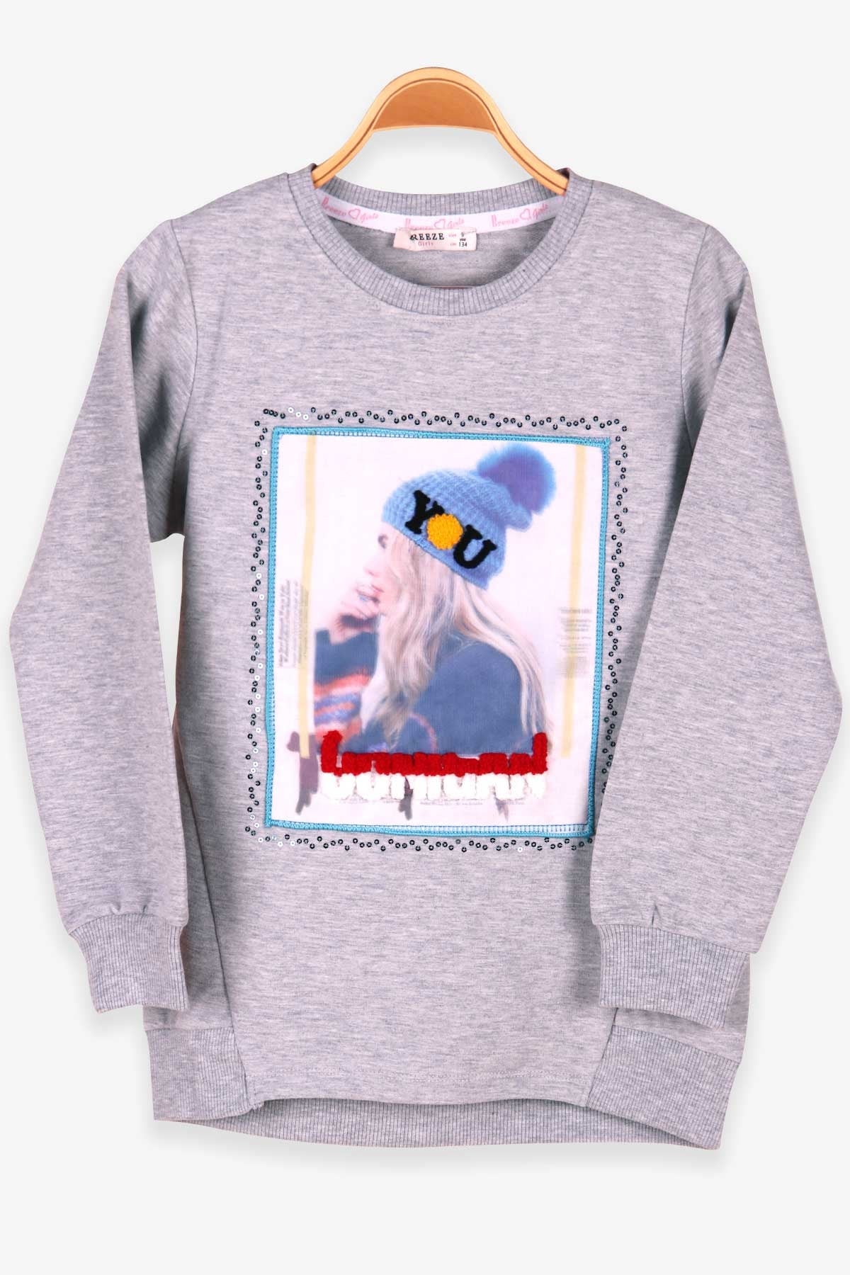 Breeze Kız Çocuk Sweatshirt Süzene Nakışlı Baskılı Gri Melanj (9-14 Yaş)