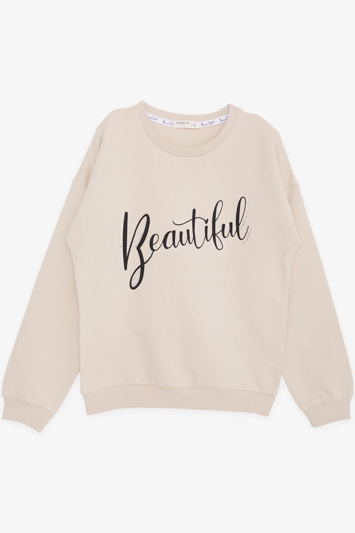 Breeze Kız Çocuk Sweatshirt Taşlı Yazı Baskılı Bej (9-14 Yaş)
