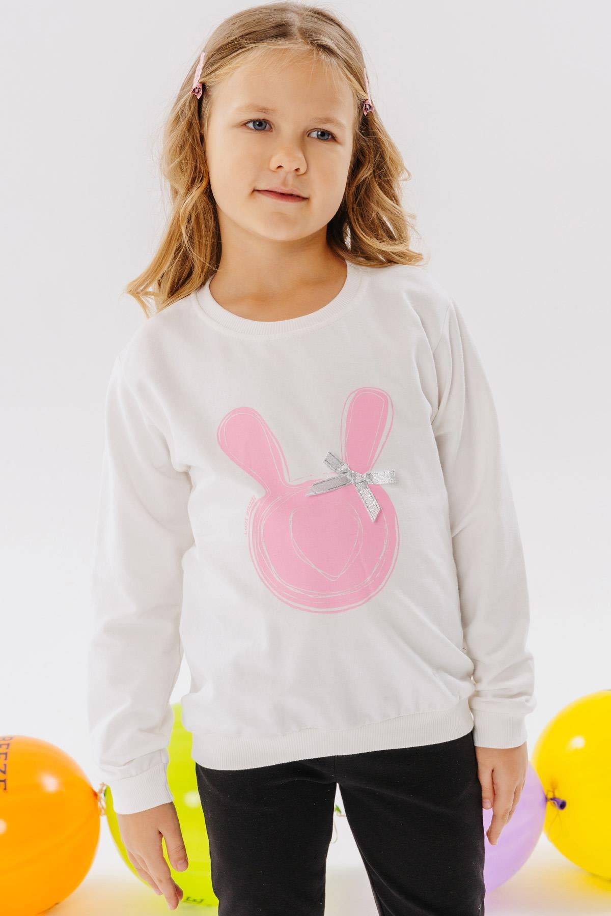 Breeze Kız Çocuk Sweatshirt Tavşan Baskılı Fiyonklu Ekru (3-8 Yaş)