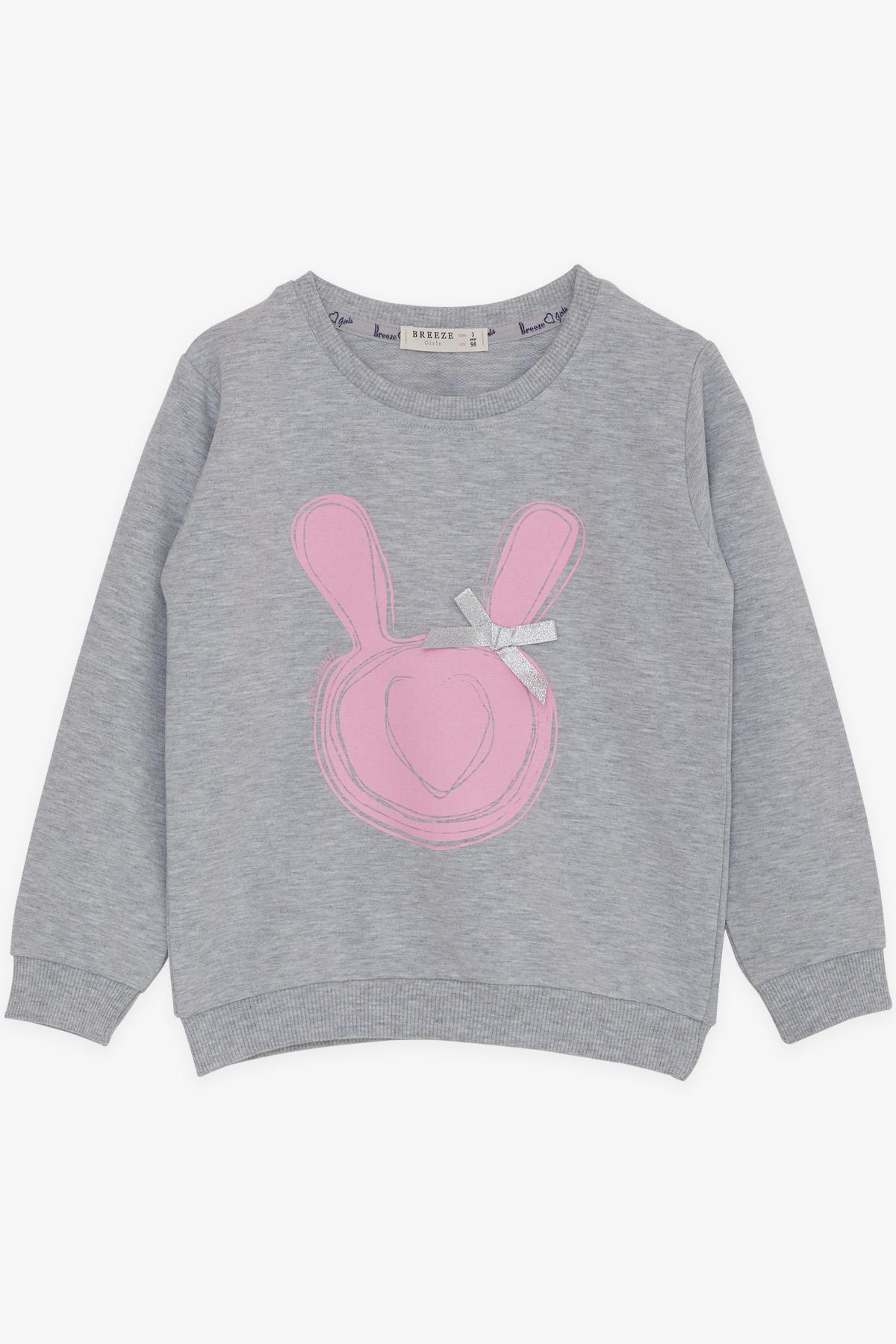 Breeze Kız Çocuk Sweatshirt Tavşan Baskılı Fiyonklu Açık Gri Melanj (3-8 Yaş)