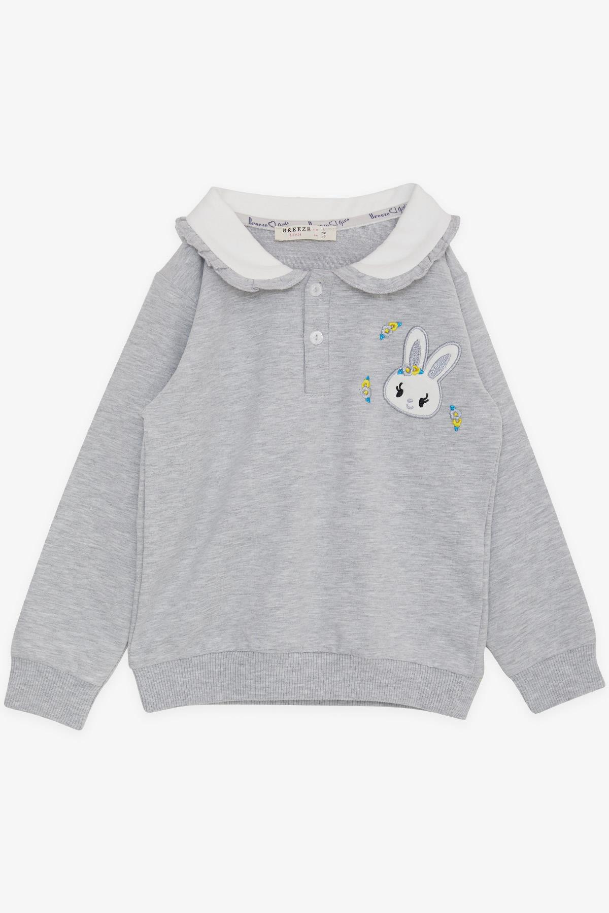 Breeze Kız Çocuk Sweatshirt Tavşan Nakışlı Düğmeli Açık Gri Melanj (2-6 Yaş)