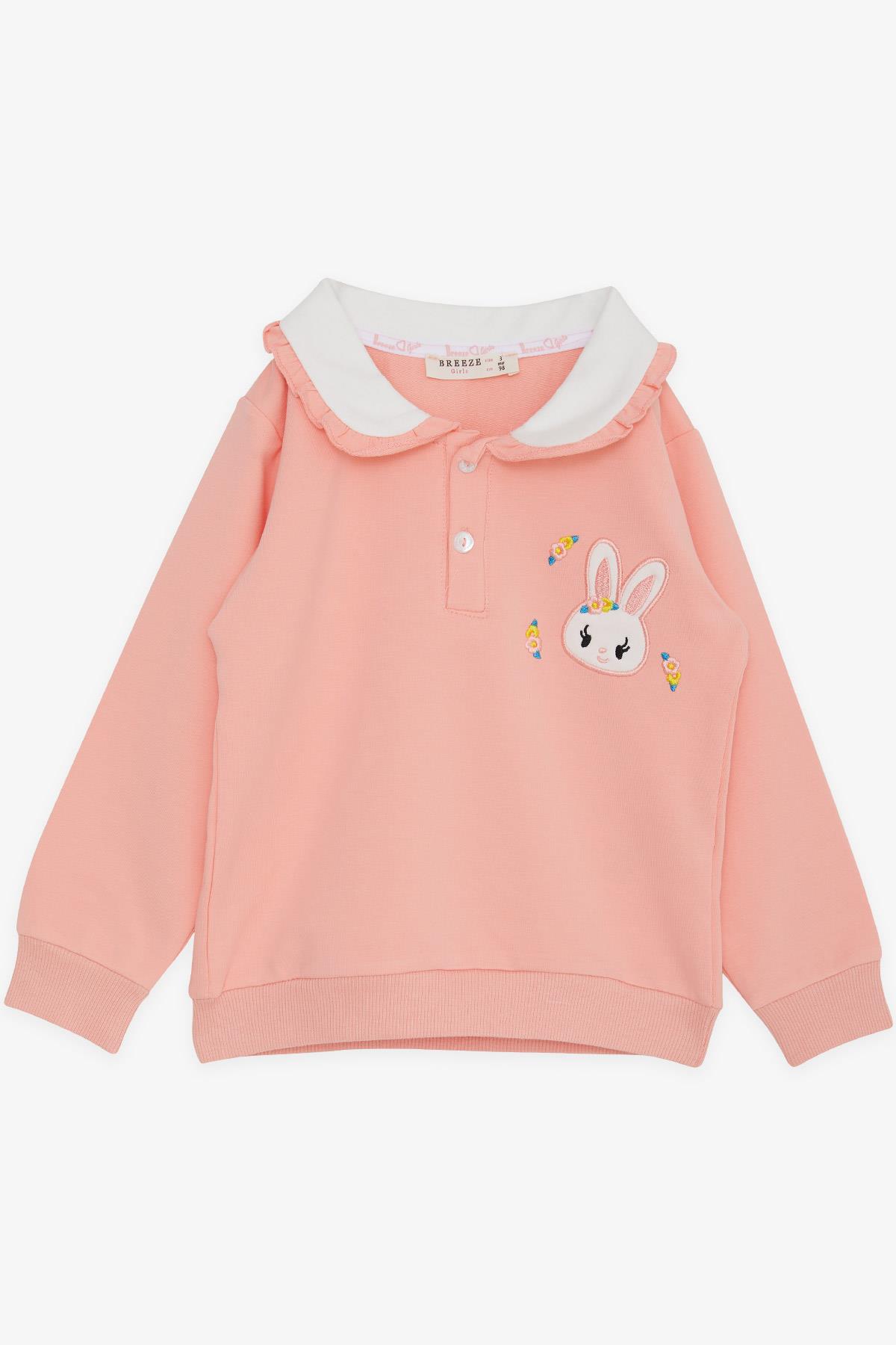 Breeze Kız Çocuk Sweatshirt Tavşan Nakışlı Düğmeli Somon (2-6 Yaş)