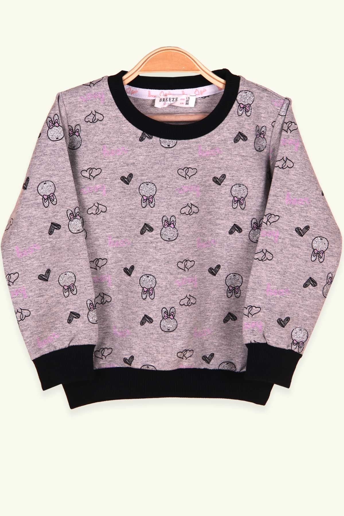 Breeze Kız Çocuk Sweatshirt Tavşanı Simli Baskılı Füme (1.5-5 Yaş)