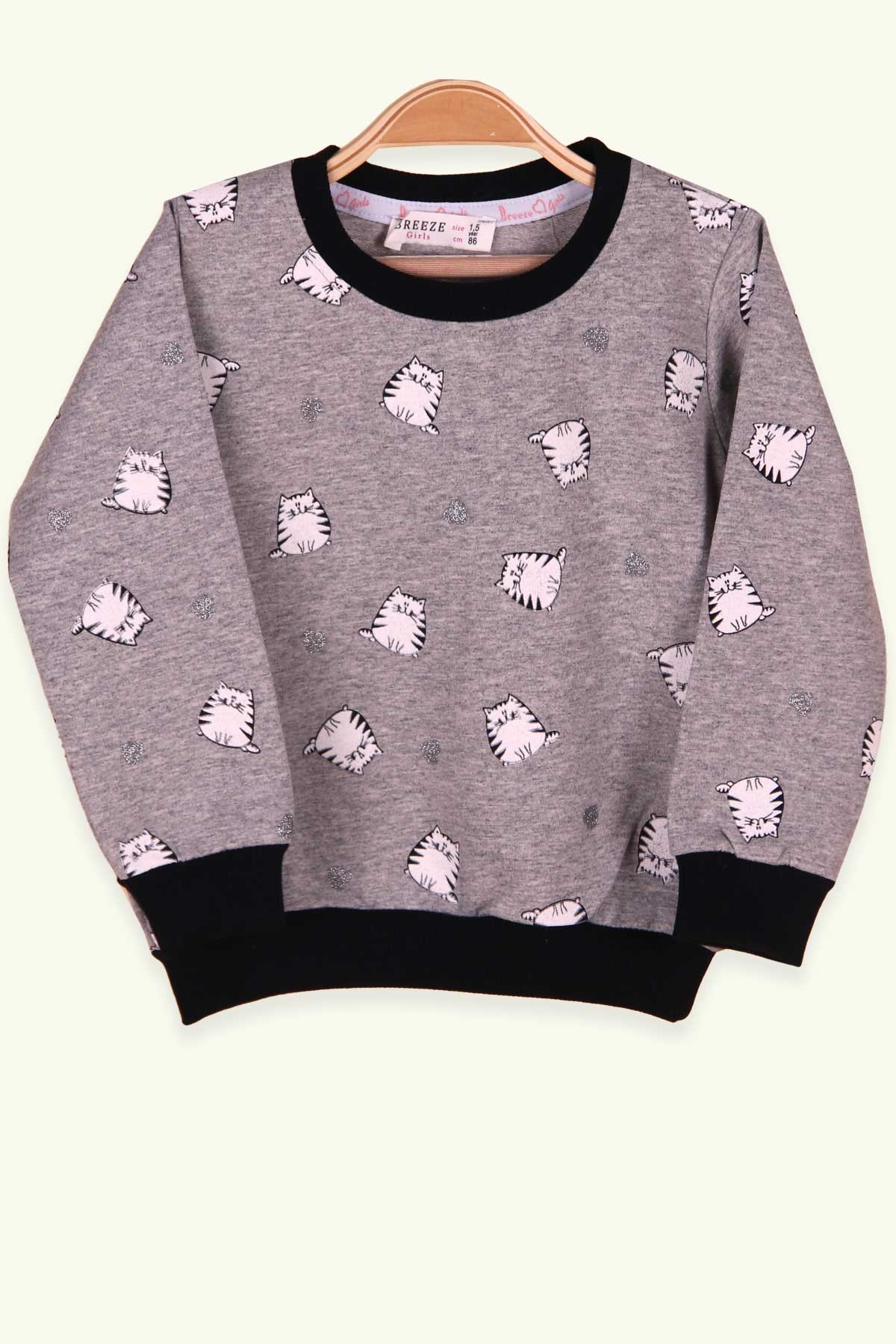 Breeze Kız Çocuk Sweatshirt Tombul Kedi Baskılı Füme (1.5-5 Yaş)