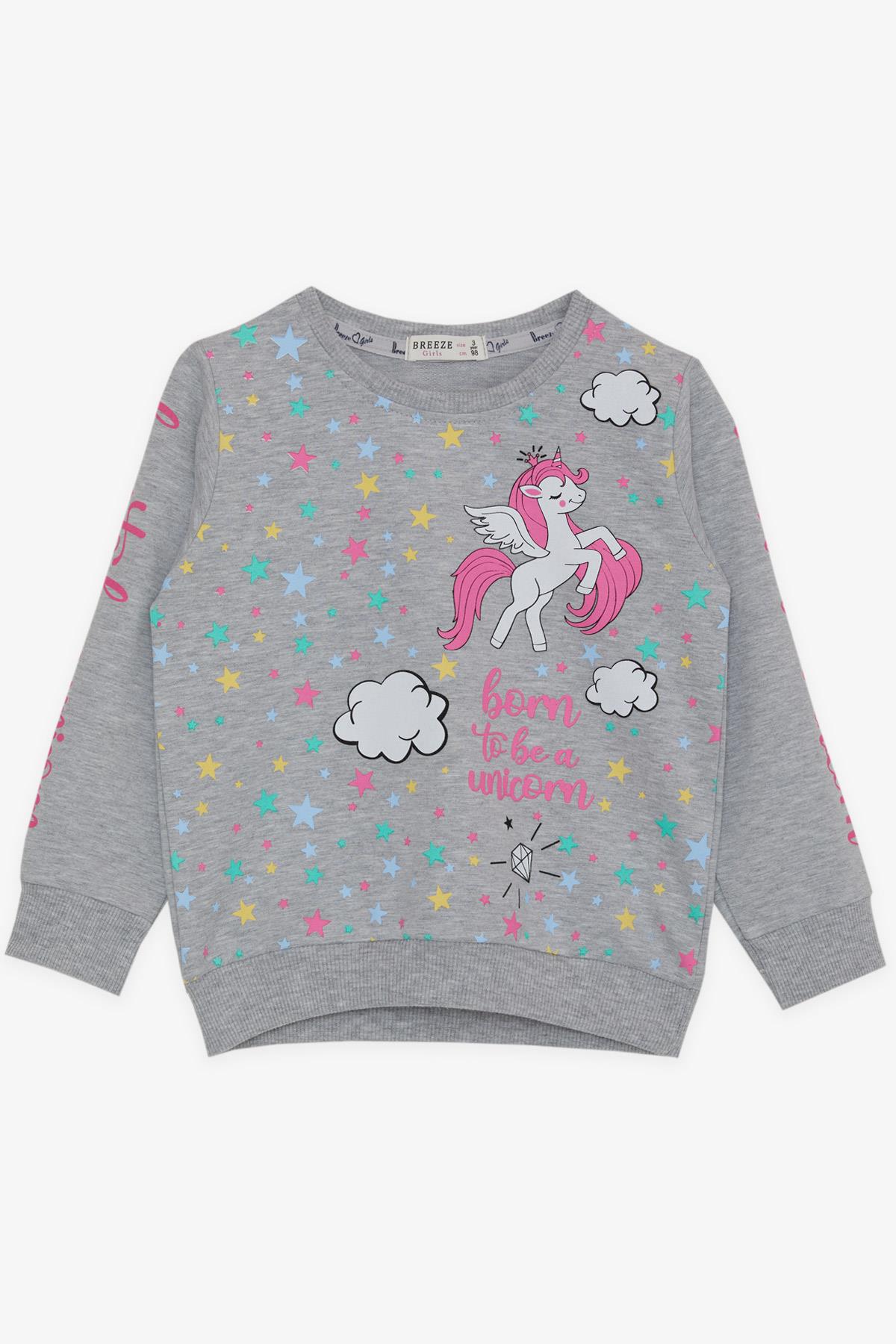 Breeze Kız Çocuk Sweatshirt Unicorn Baskılı Gri Melanj (2-6 Yaş)