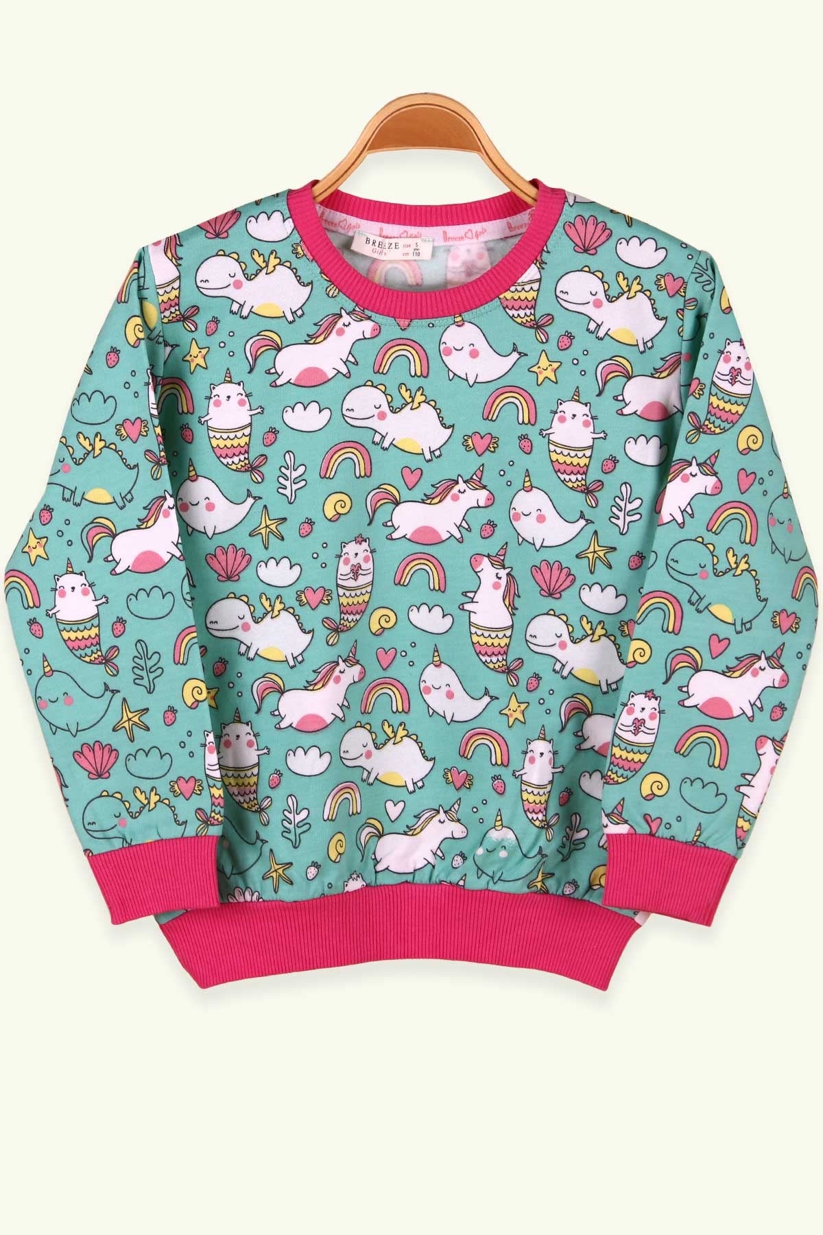 Breeze Kız Çocuk Sweatshirt Unicorn Desenli Mint Yeşili (5-9 Yaş)