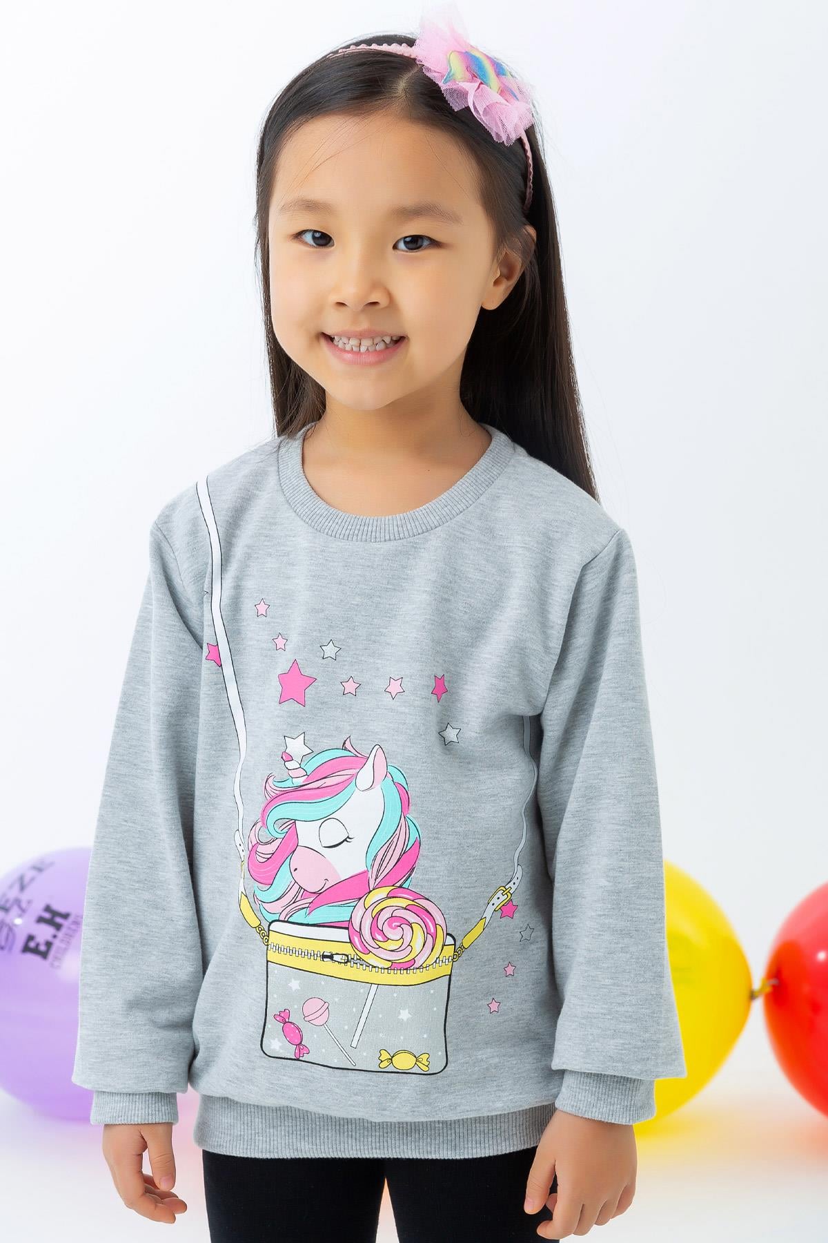 Breeze Kız Çocuk Sweatshirt Unicorn Gri Melanj (2 Yaş)