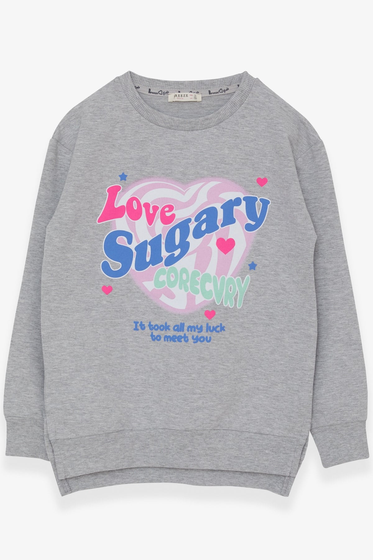 Breeze Kız Çocuk Sweatshirt Yazı Baskılı Yırtmaçlı Açık Gri Melanj (9-14 Yaş)