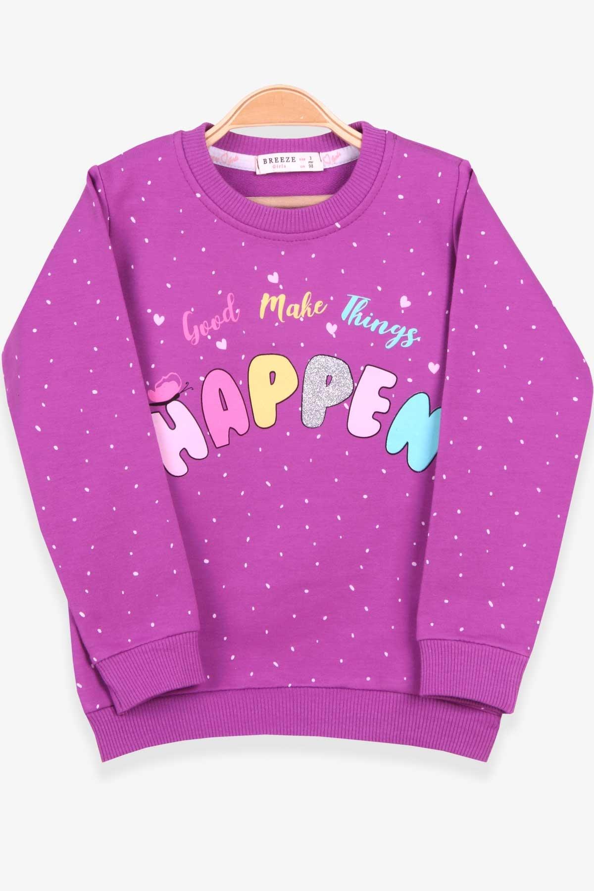 Breeze Kız Çocuk Sweatshirt Yazı Baskılı Desenli Mor (3-7 Yaş)