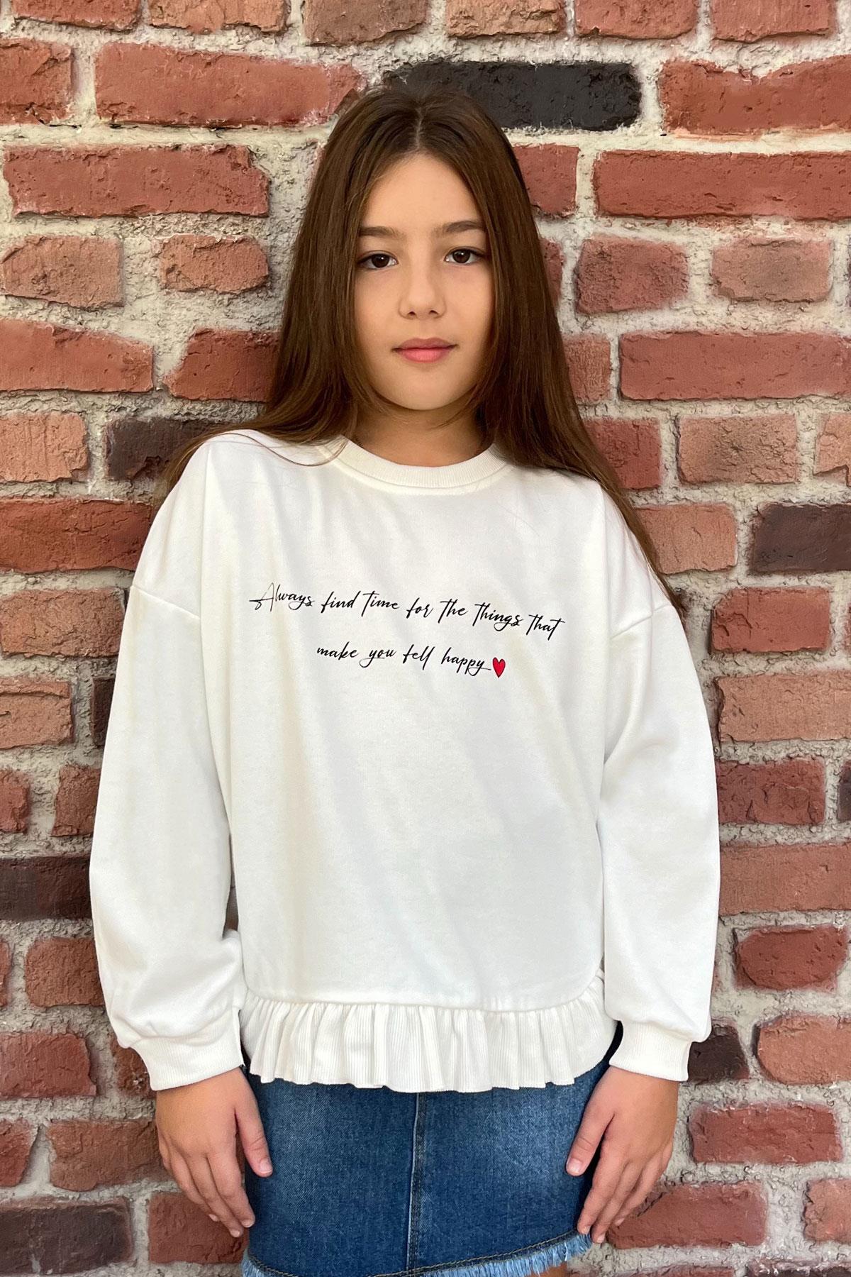 Breeze Kız Çocuk Sweatshirt Yazı Baskılı Etek Ucu Fırfıtlı Ekru (9-12 Yaş)