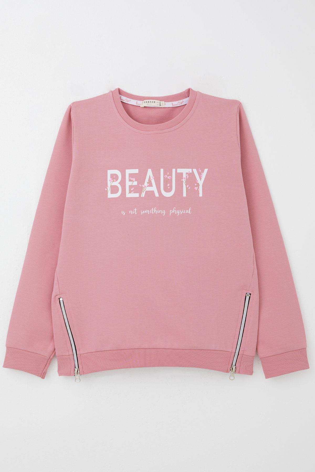 Breeze Kız Çocuk Sweatshirt Yazı Baskılı Kenarları Fermuar Detaylı Gülkurusu (9-14 Yaş)